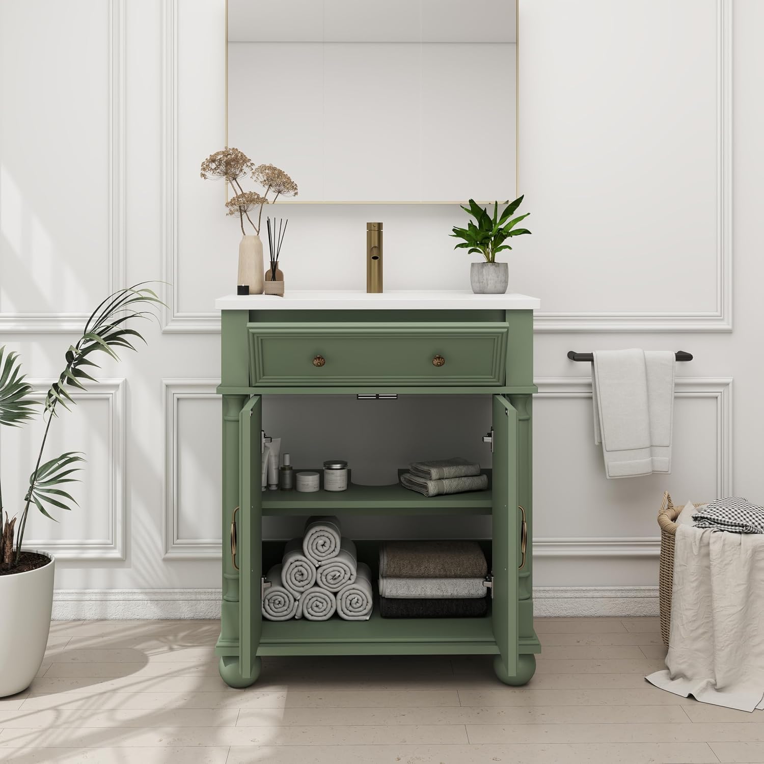 28 Inch Mid-Century Bathroom Vanity with Sink, Green Solid Wood Frame with Roman Column Base, Freestanding Cabinet with Metal Handles and Storage (Green)