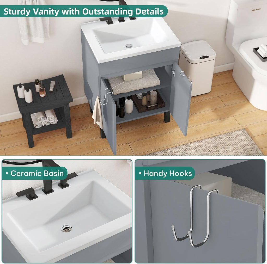 YITAHOME 24 Inch Bathroom Vanity with Sink, Bathroom Cabinet Vanity for Small Space, Freestanding Storage Bathroom Vanity with 2 Soft Closing Cabinets, Grey