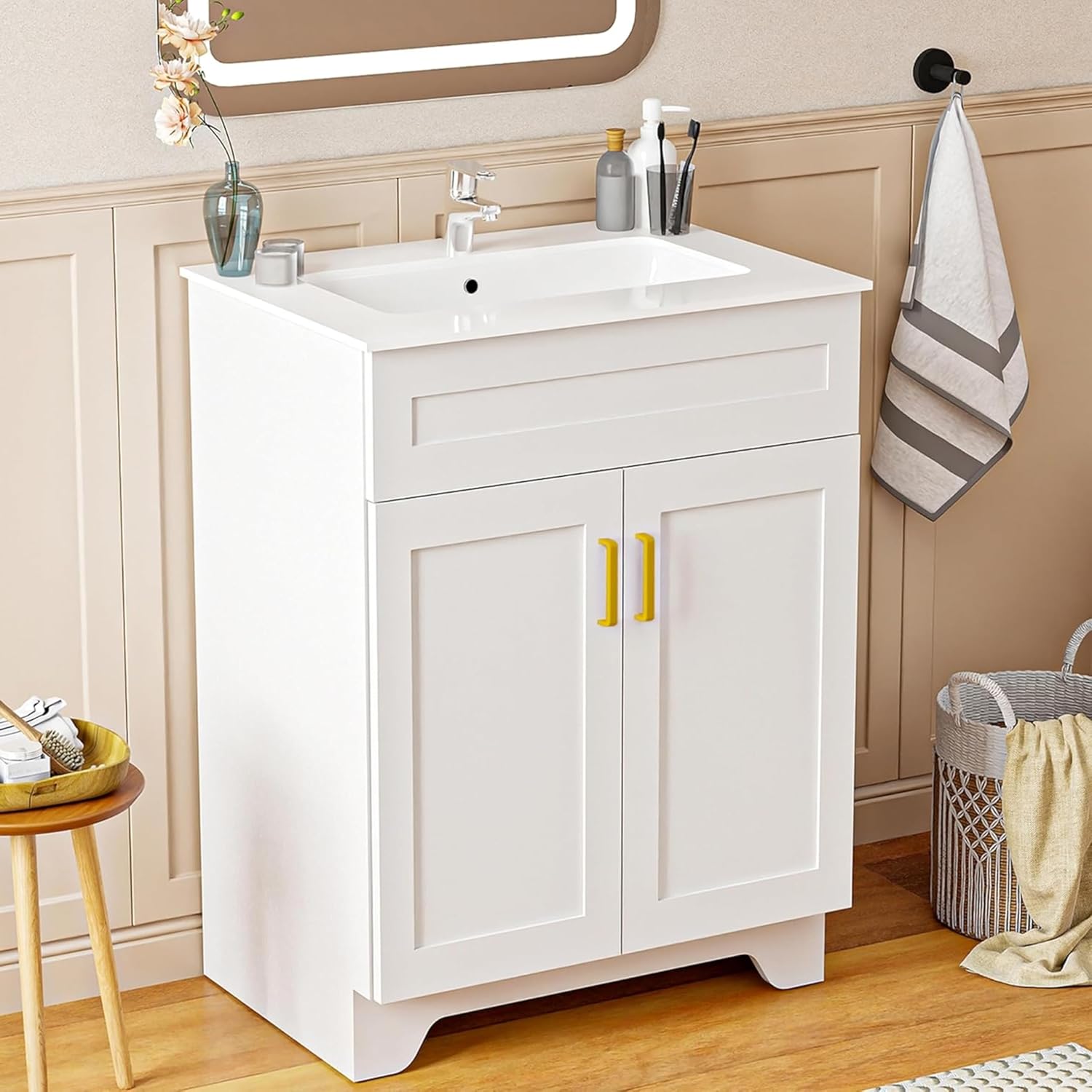24 Inch Bathroom Vanity with Sink, Modern Bathroom Vanity with Ceramic Basin and Countertop, Narrow Design for Small Bathroom, White