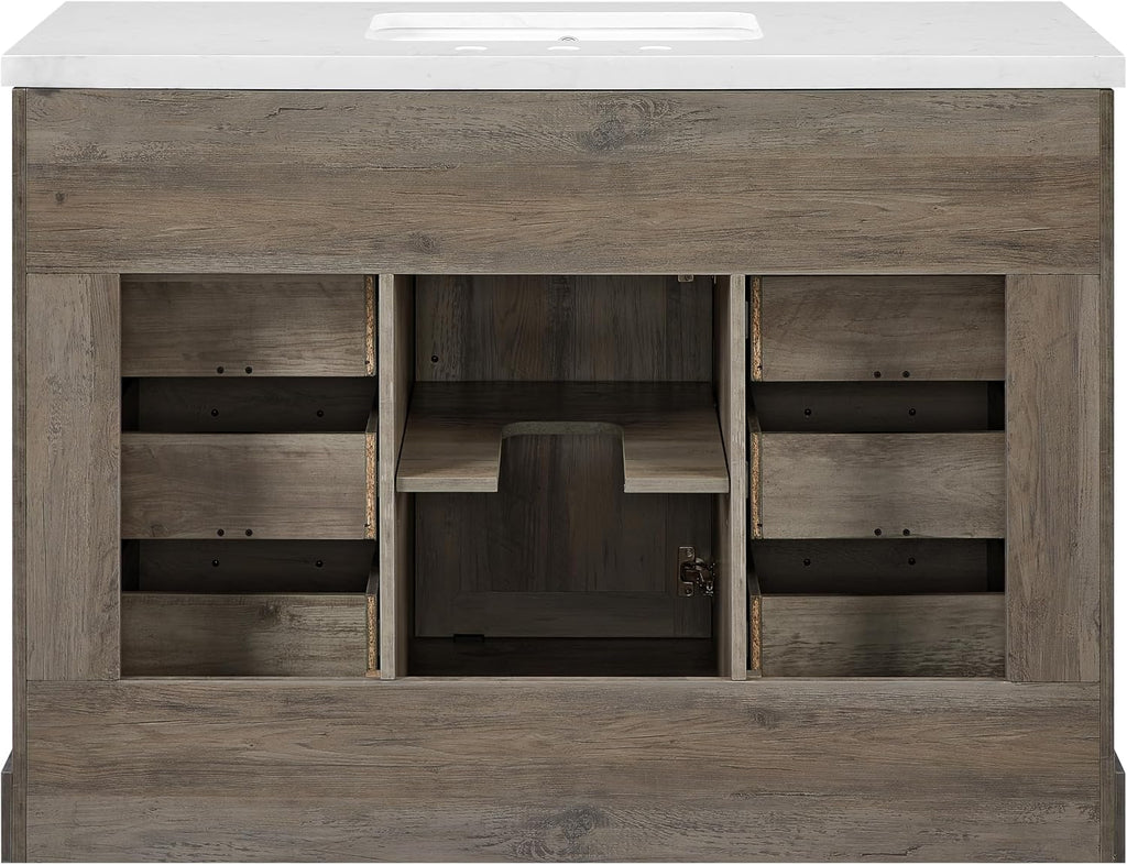 Mia Brown Grey Oak Wood 48-Inch Single Bathroom Vanity with Sink, Shaker Door Cabinet with Shelf, Drawers, Matte Black Handles, Pre-Drilled Marbled White Stone Top, Freestanding, Fully Assembled