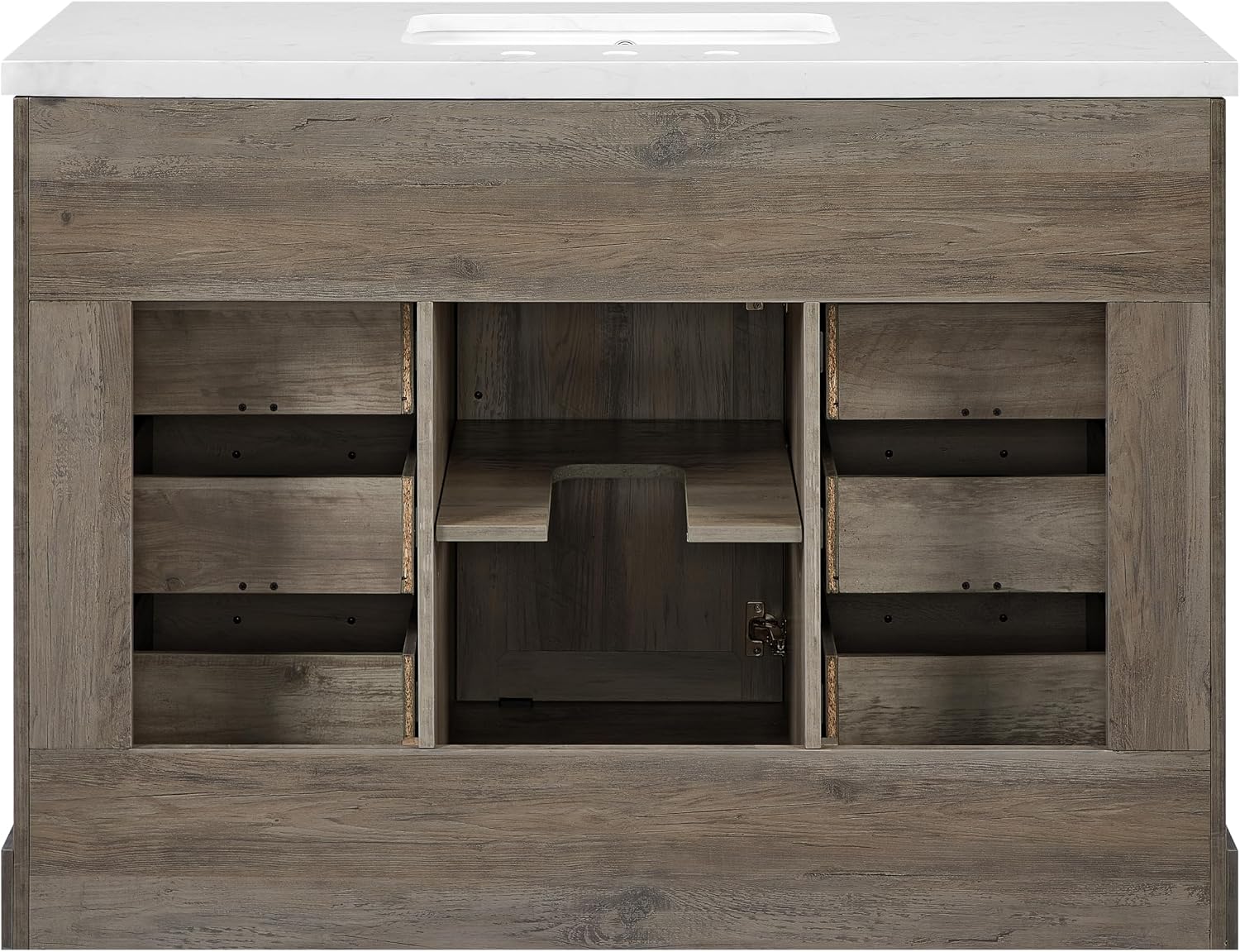 Mia Brown Grey Oak Wood 48-Inch Single Bathroom Vanity with Sink, Shaker Door Cabinet with Shelf, Drawers, Matte Black Handles, Pre-Drilled Marbled White Stone Top, Freestanding, Fully Assembled