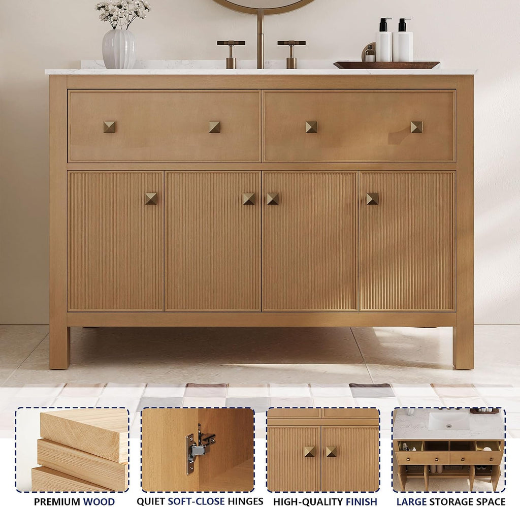 DeerValley 48' Bathroom Vanity, Pre-Assembled Vanity for Bathroom with Soft Closing and Splash Guard, Pre-drilled 3 Holes, Large Storage Space Cabinet, Natural Wood Color