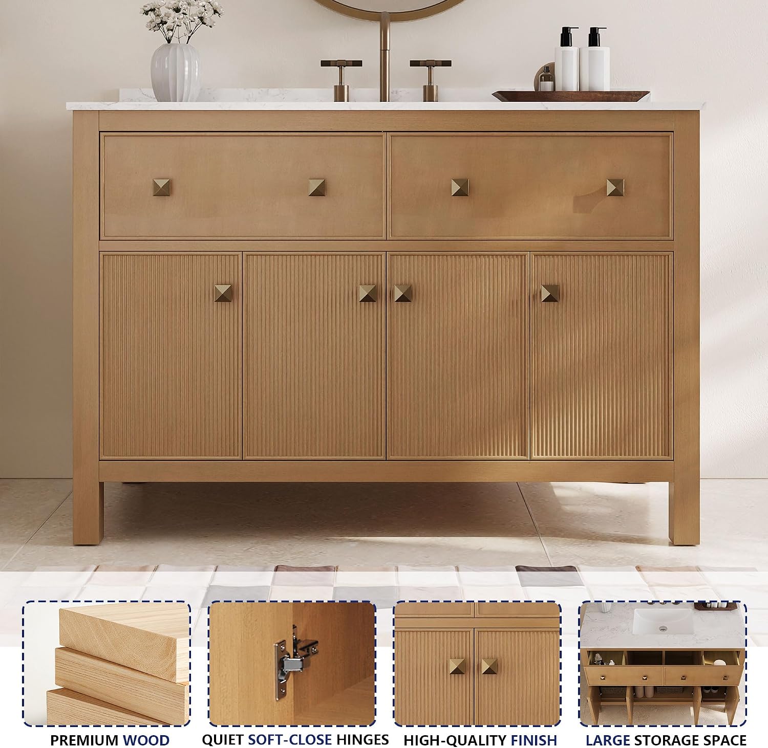 DeerValley 48' Bathroom Vanity, Pre-Assembled Vanity for Bathroom with Soft Closing and Splash Guard, Pre-drilled 3 Holes, Large Storage Space Cabinet, Natural Wood Color