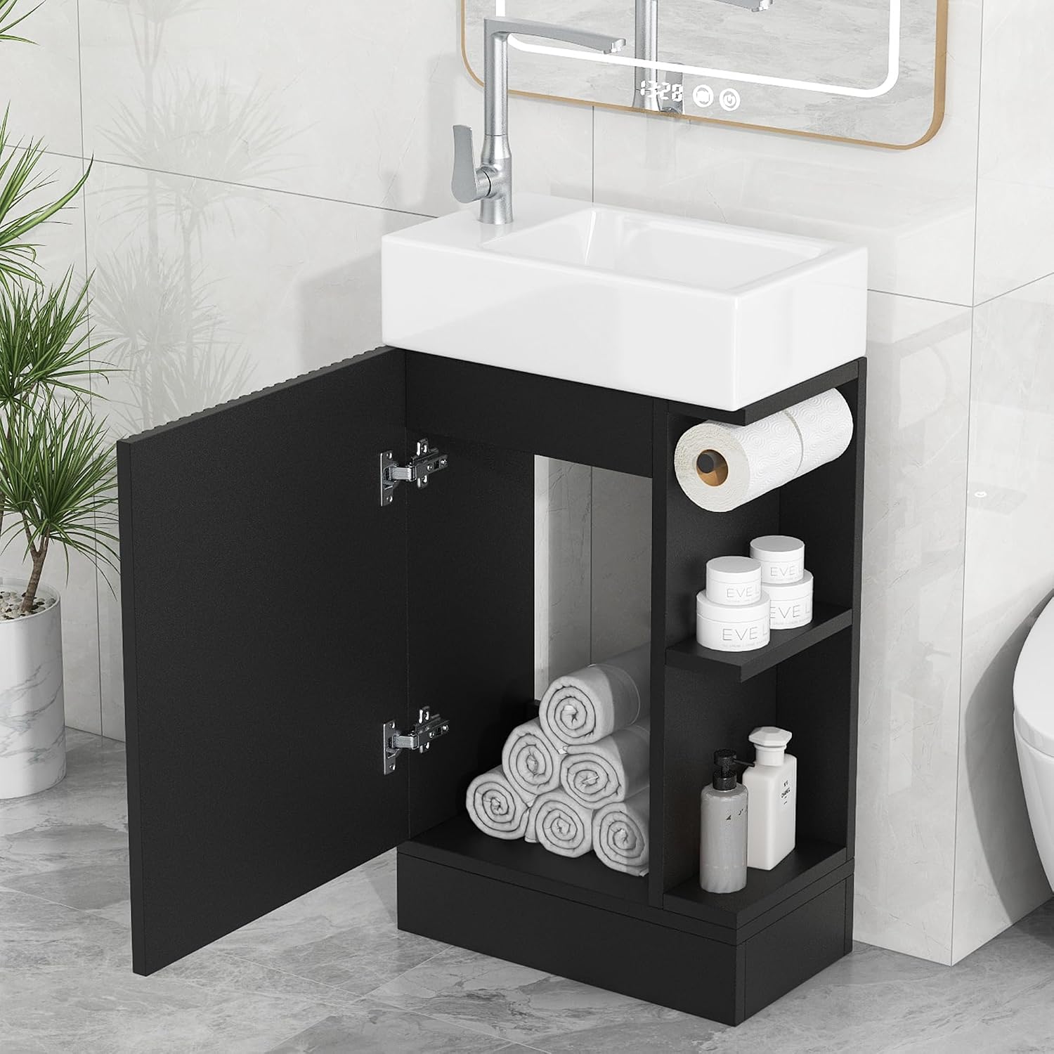 18.6 inch Bathroom Vanity with Sink, Free Standing Cabinet with Storage Cabinet & Two-Tier Shelf, Solid Wood Bath Vanity Organizer with Ceramic Sink for Bathroom, Black
