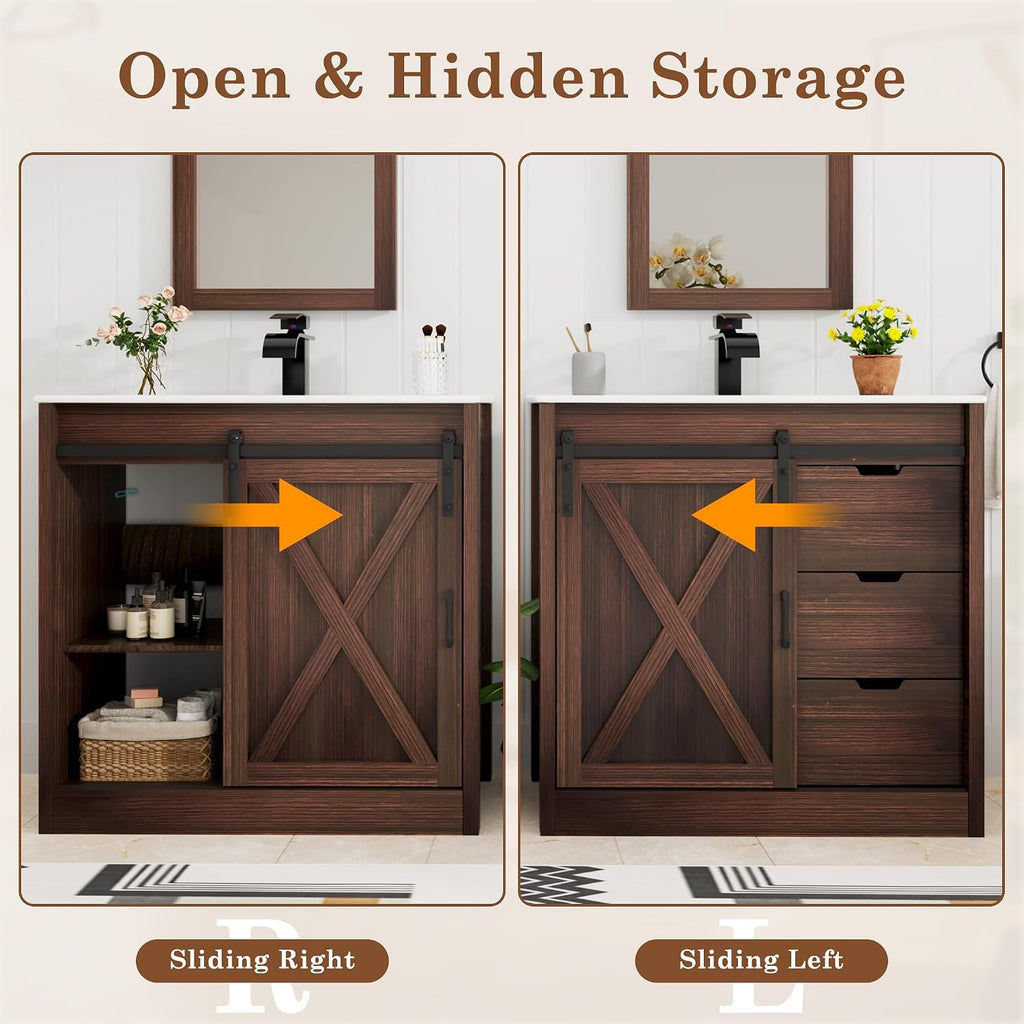chartustriable 36 Inch Bathroom Vanity with Sink & Faucet & Mirror, Farmhouse Bathroom Vanity Cabinet Set with Sliding Barn Door & Drawers, Small Single Bath Storage Vanity Sink, Brown