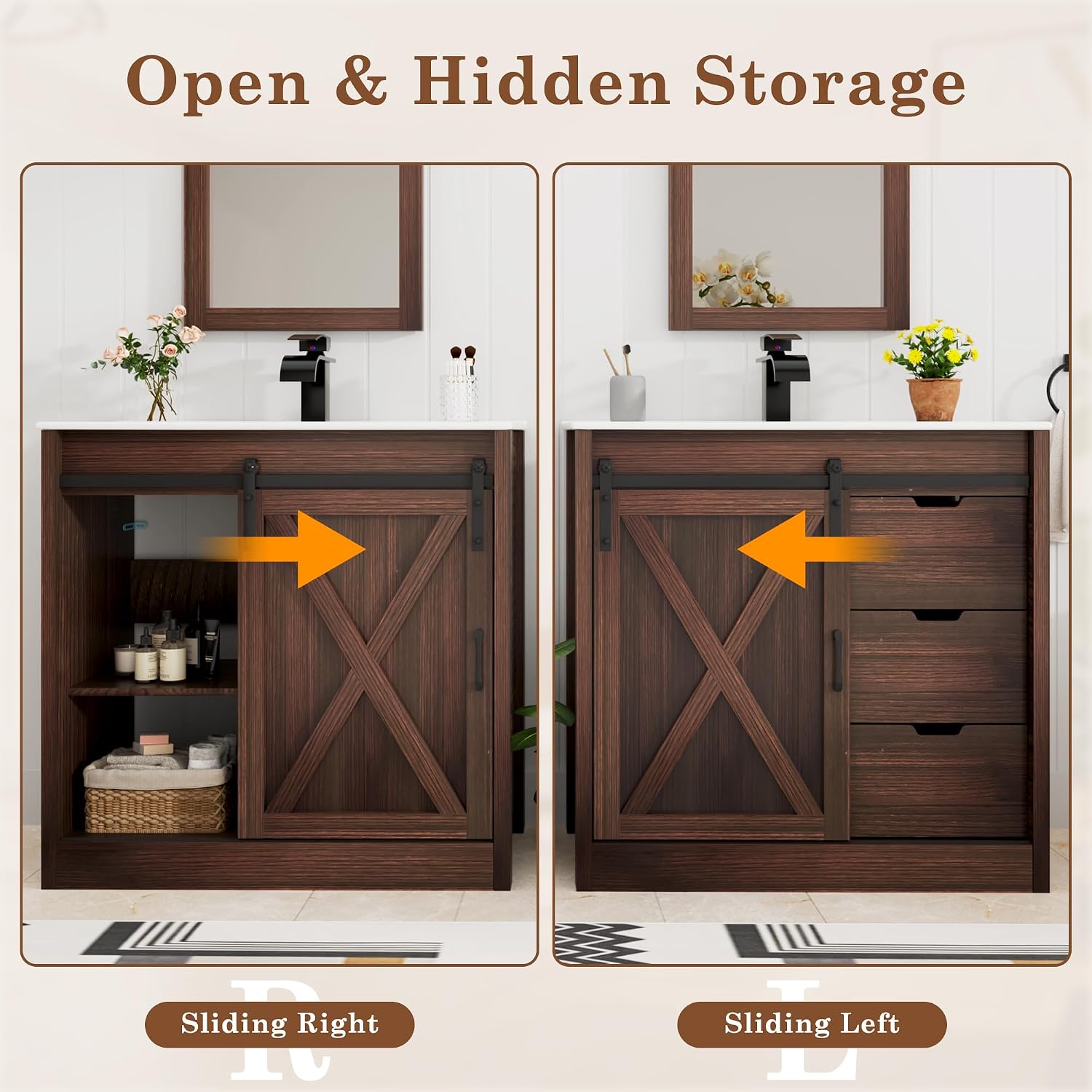 chartustriable 36 Inch Bathroom Vanity with Sink & Faucet & Mirror, Farmhouse Bathroom Vanity Cabinet Set with Sliding Barn Door & Drawers, Small Single Bath Storage Vanity Sink, Brown