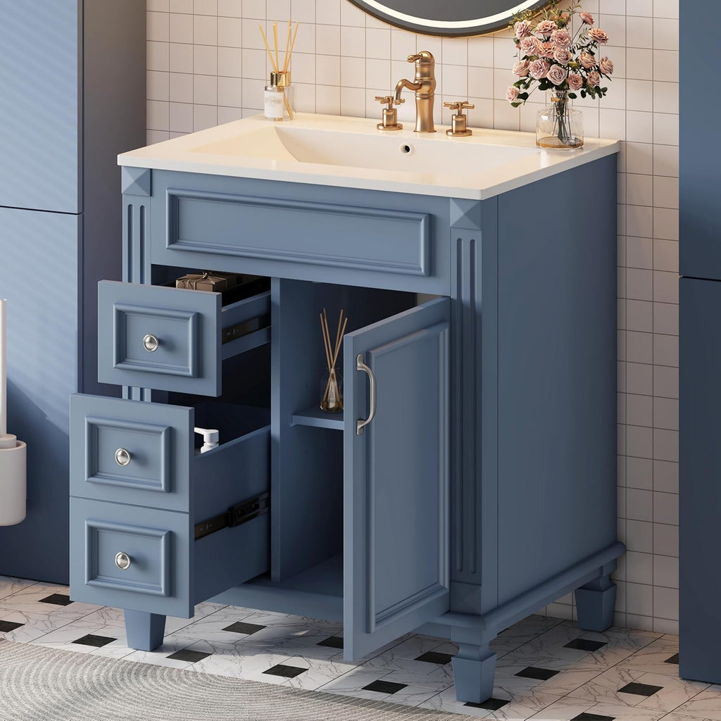 24 Inch Blue-Grey Bathroom Vanity with Sink,Modern Bathroom Vanity with 2 Left Hand Drawers & Adjustable Shelf,Soft Closing Doors & Silver Handles,Solid Wood Frame,French Embossed Front