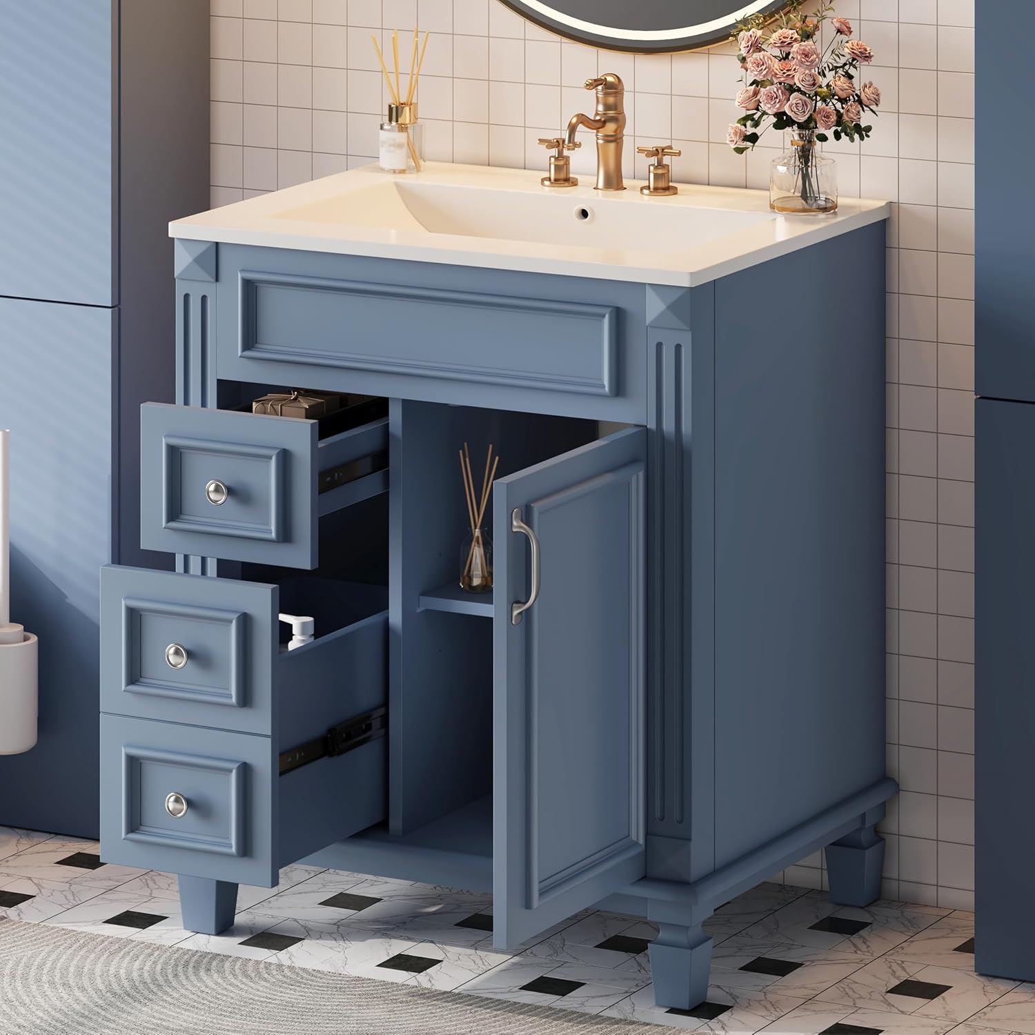 24 Inch Blue-Grey Bathroom Vanity with Sink,Modern Bathroom Vanity with 2 Left Hand Drawers & Adjustable Shelf,Soft Closing Doors & Silver Handles,Solid Wood Frame,French Embossed Front