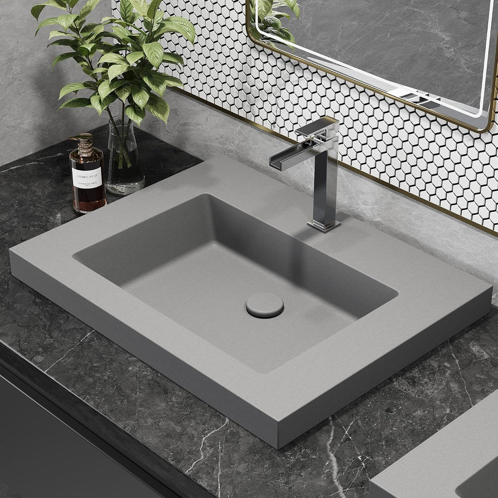 Semi Recessed Bathroom Sink, 23.4 Inch Rectangular Bathroom Vessel Sink, Drop-In Countertop Basin with Single Faucet Hole, Center Drain Assembly for Modern Vanity Cabinet, Gray