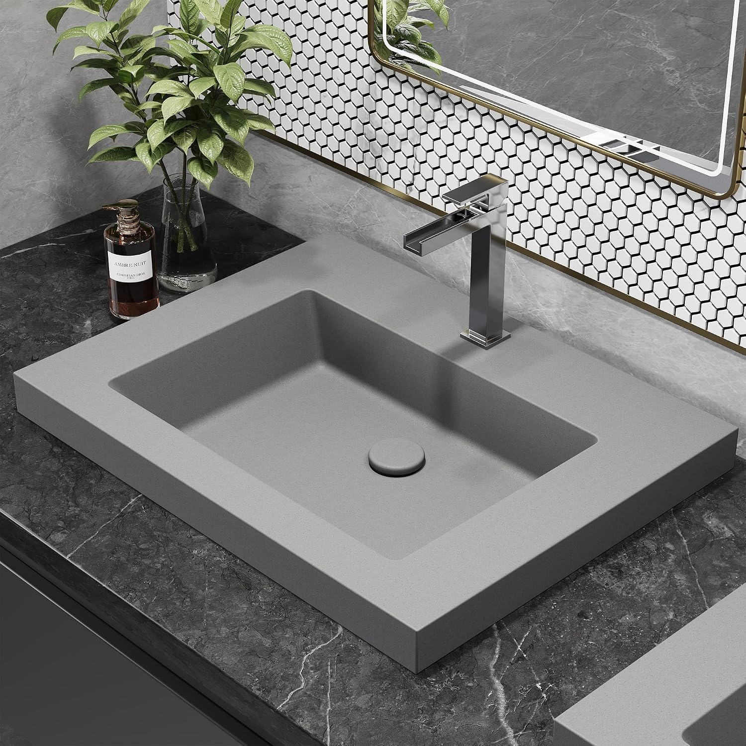 Semi Recessed Bathroom Sink, 23.4 Inch Rectangular Bathroom Vessel Sink, Drop-In Countertop Basin with Single Faucet Hole, Center Drain Assembly for Modern Vanity Cabinet, Gray