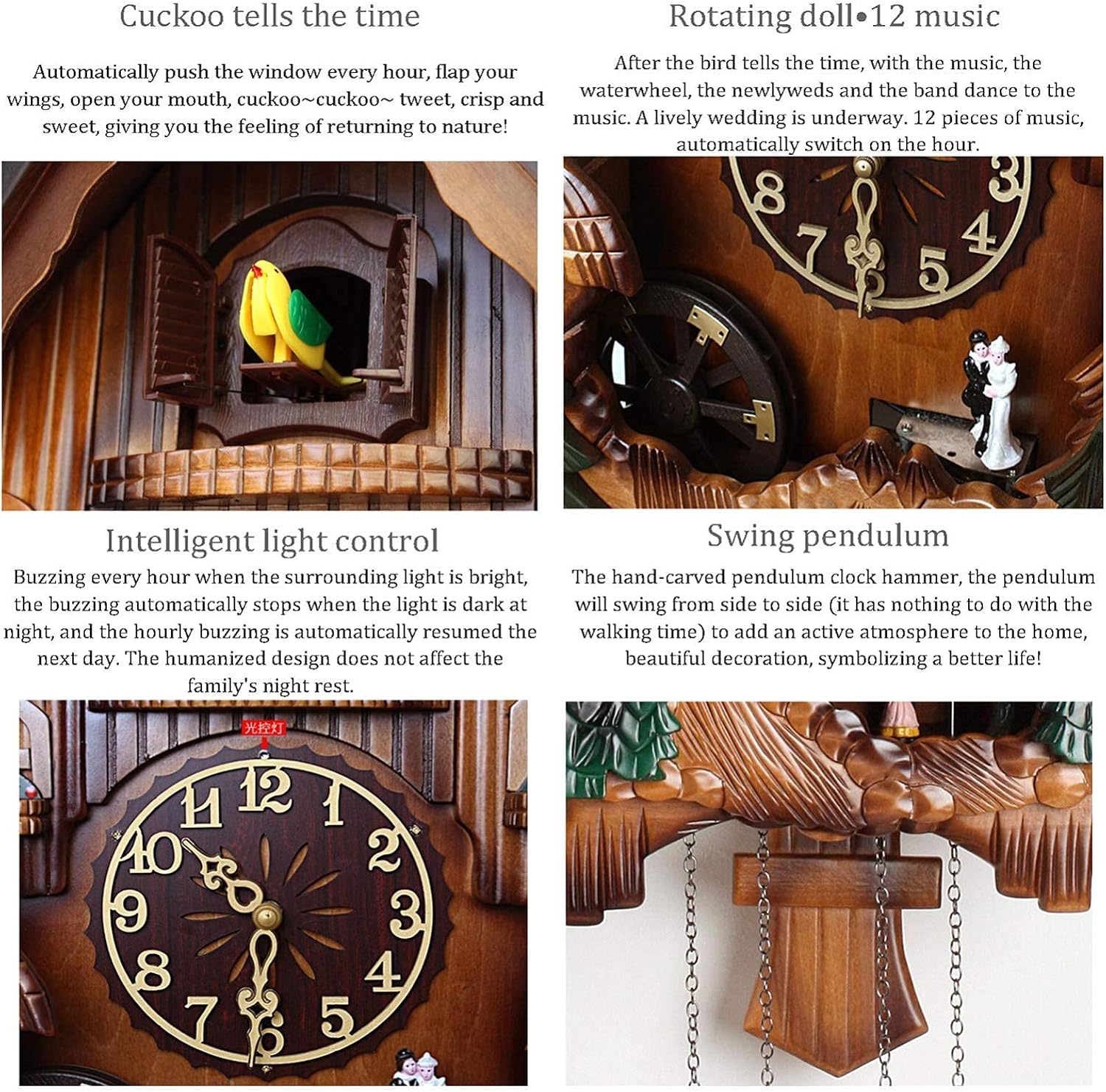 Large Wooden Black Forest Cuckoo Clock - Hand-Carved - Decorative Modern with Pendulum and 12 Music Retro 3D Home Decor Cuckoo Wall Clock B,84X38x18cm