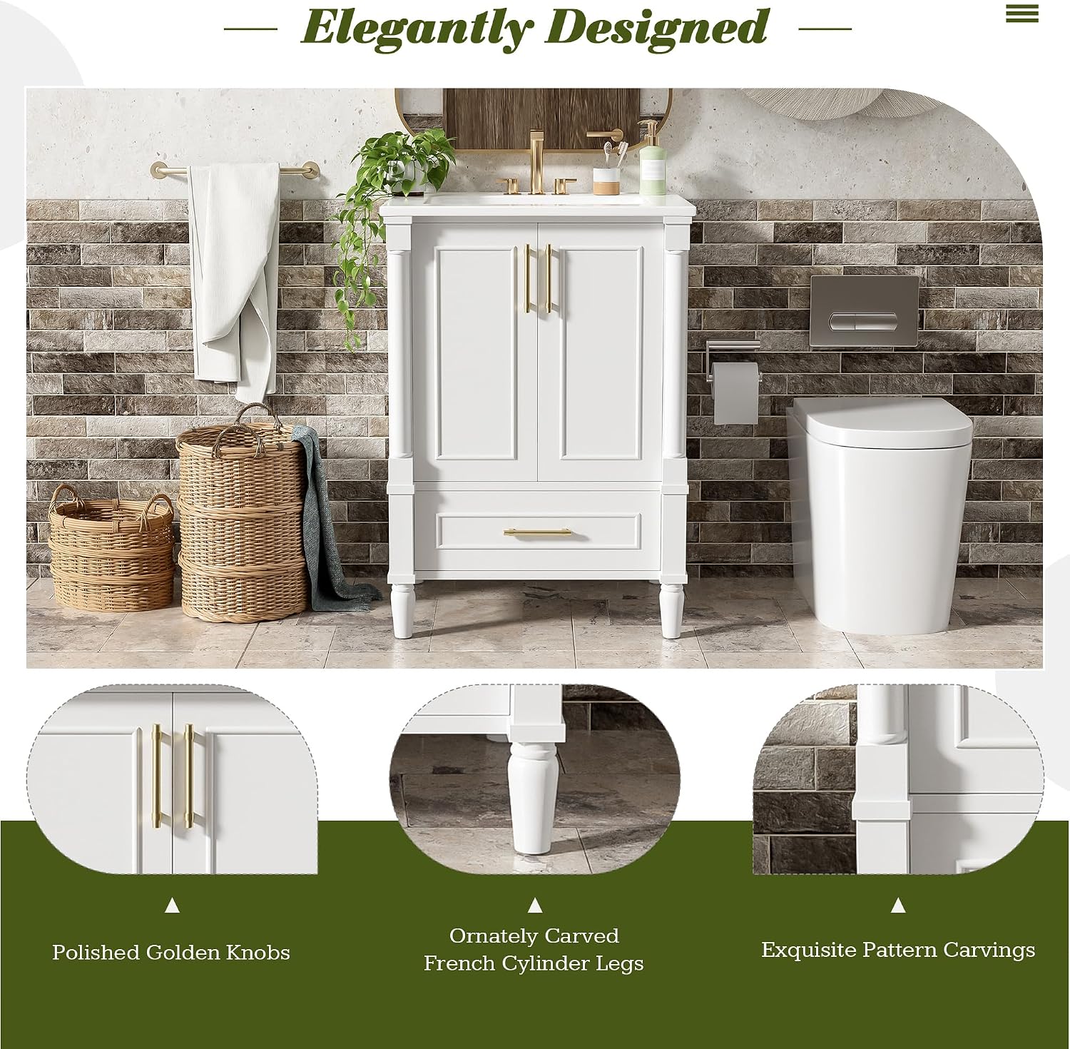 VilroCaz 24' Modern Bathroom Vanity with Ceramic Sink, Ornate Motif Design Doors & Soft-Close Hinges, Wood Bathroom Cabinet with Drawer, Ornately Carved French Cylinder Legs (White-4.23)