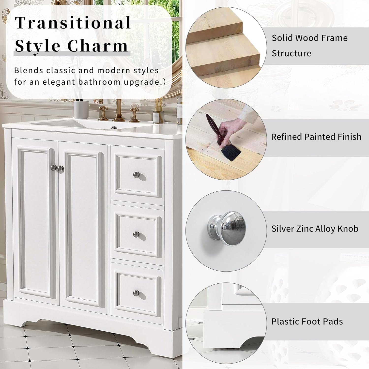 36 Inch Bathroom Vanity with Sink Set Combo Freestanding Cabinet Ceramic Top Freestanding Left Offset Basin 2 Soft Close Doors 3 Drawers White