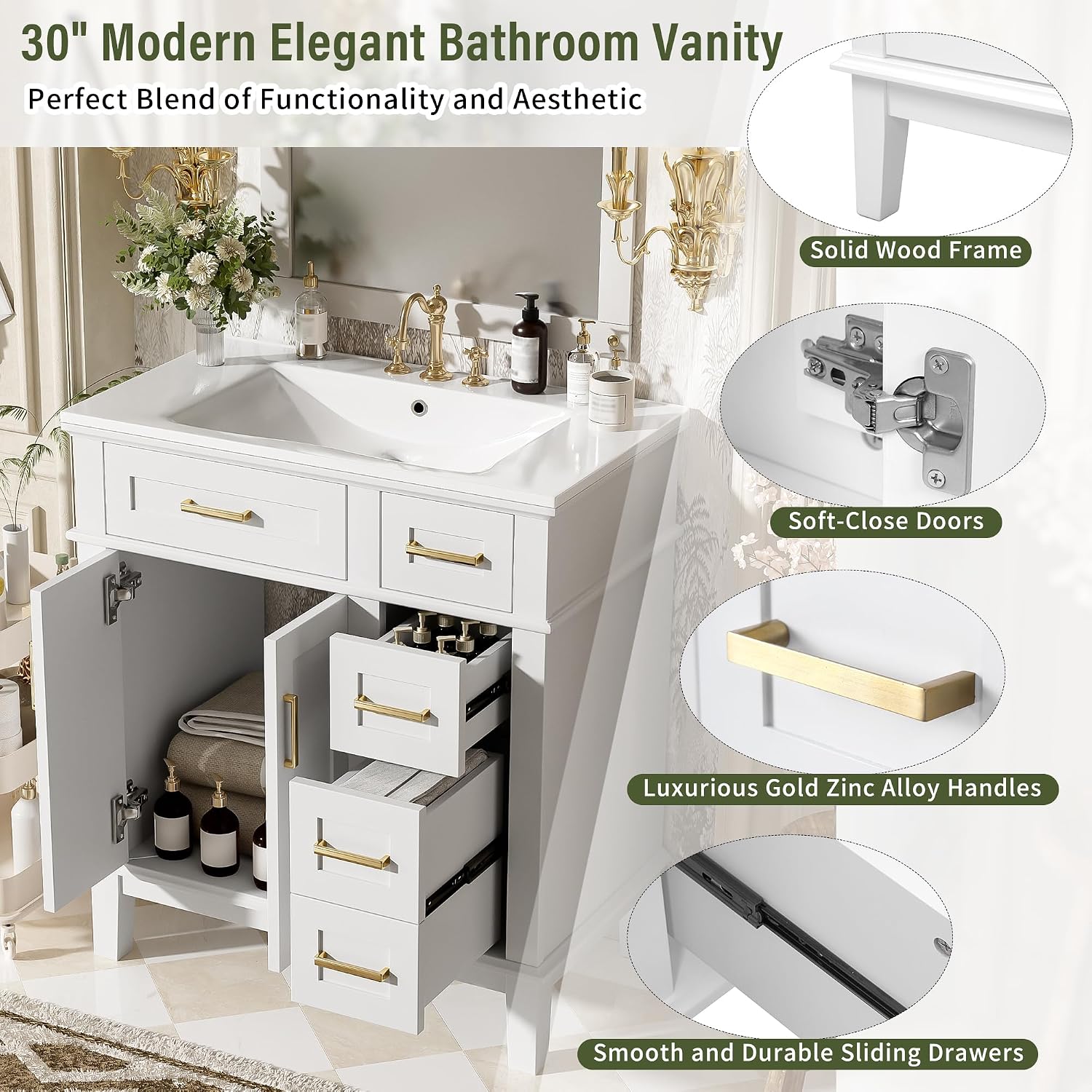 Harper & Bright Designs 30' Bathroom Vanity with Sink, Free Standing Single Basin Vanity Set with 2 Drawers, and Soft-Close Doors, Wood Bathroom Cabinet with Ceramic Basin for Bathroom, White