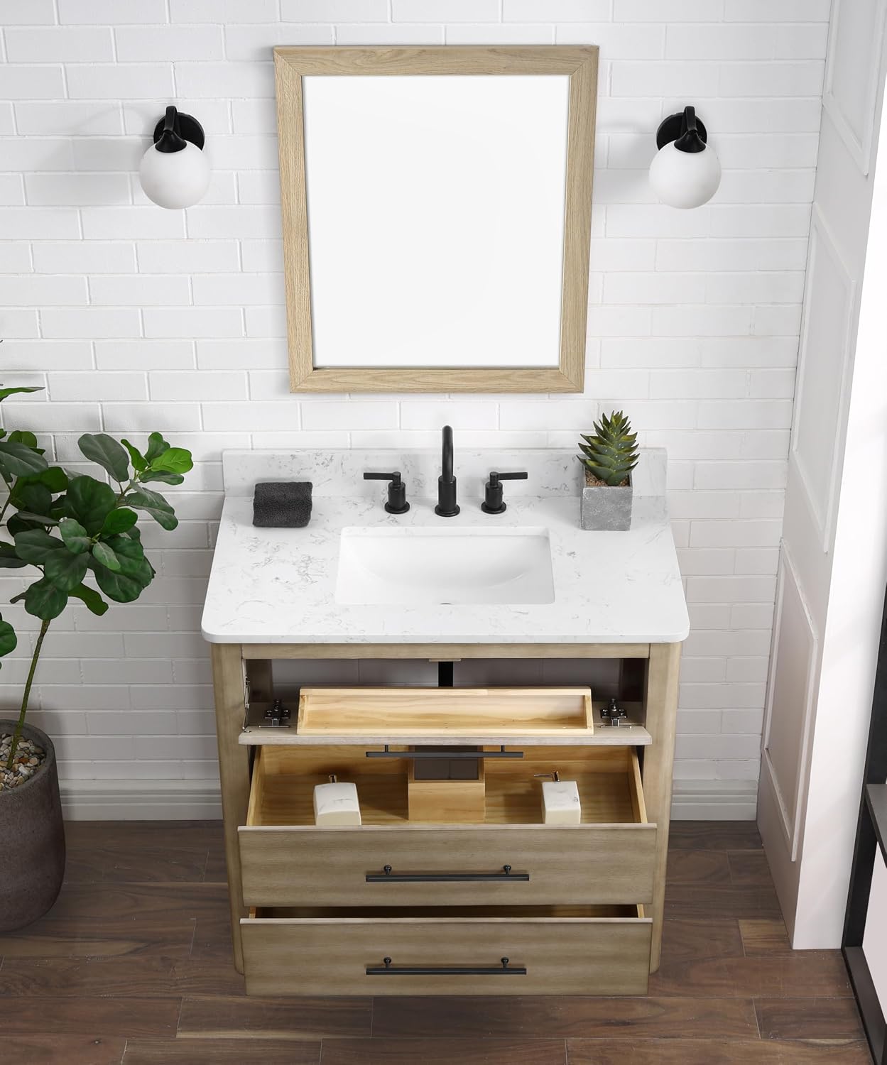 TILE & TOP Safford 36' Single Bathroom Vanity with Carrara White Quartz Top, Sink & Backsplash. 37' W x 22' D x 34.5' H. Oak Veneer. Solid Wood. Pre-Assembleb. 1 Till-Out & 2 Soft-Closing Drawers.