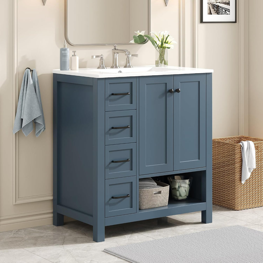 LUMISOL 30 Inch Bathroom Vanity with Ceramic Sink, Solid Wood Bathroom Vanity with 2 Drawers, Soft-Close Doors & Open Shelf, Freestanding Bathroom Storage Cabinet with Sink, Blue