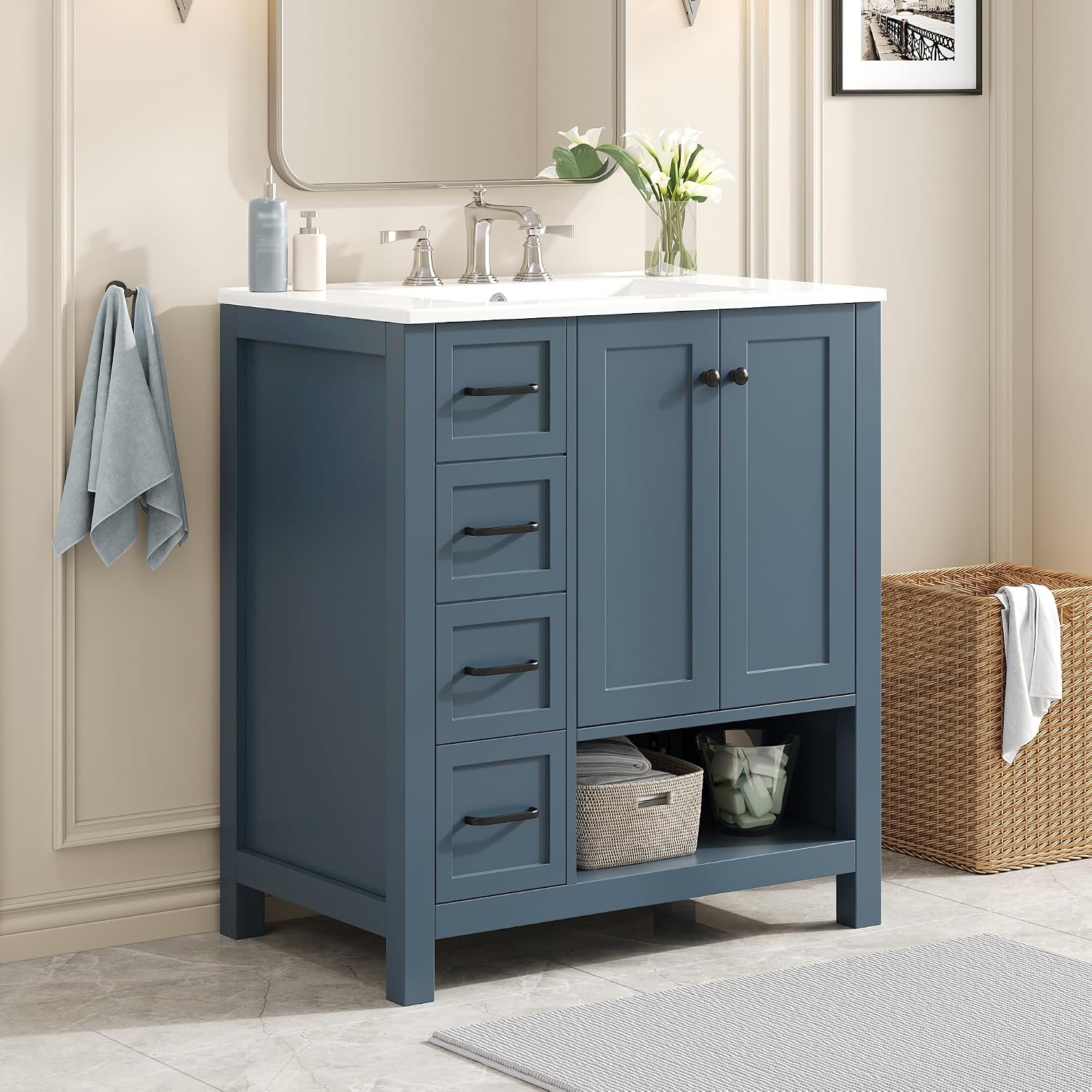 LUMISOL 30 Inch Bathroom Vanity with Ceramic Sink, Solid Wood Bathroom Vanity with 2 Drawers, Soft-Close Doors & Open Shelf, Freestanding Bathroom Storage Cabinet with Sink, Blue