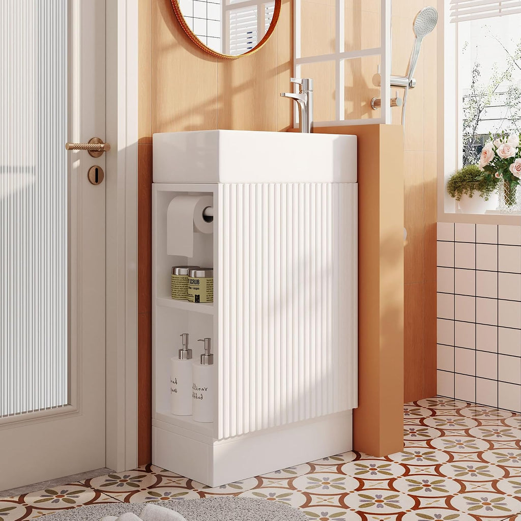 18.6' Bathroom Vanity Cabinet with Ceramic Sink Top Set, Left or Right Available, Freestanding, Two-Tier Storage Shelf, White