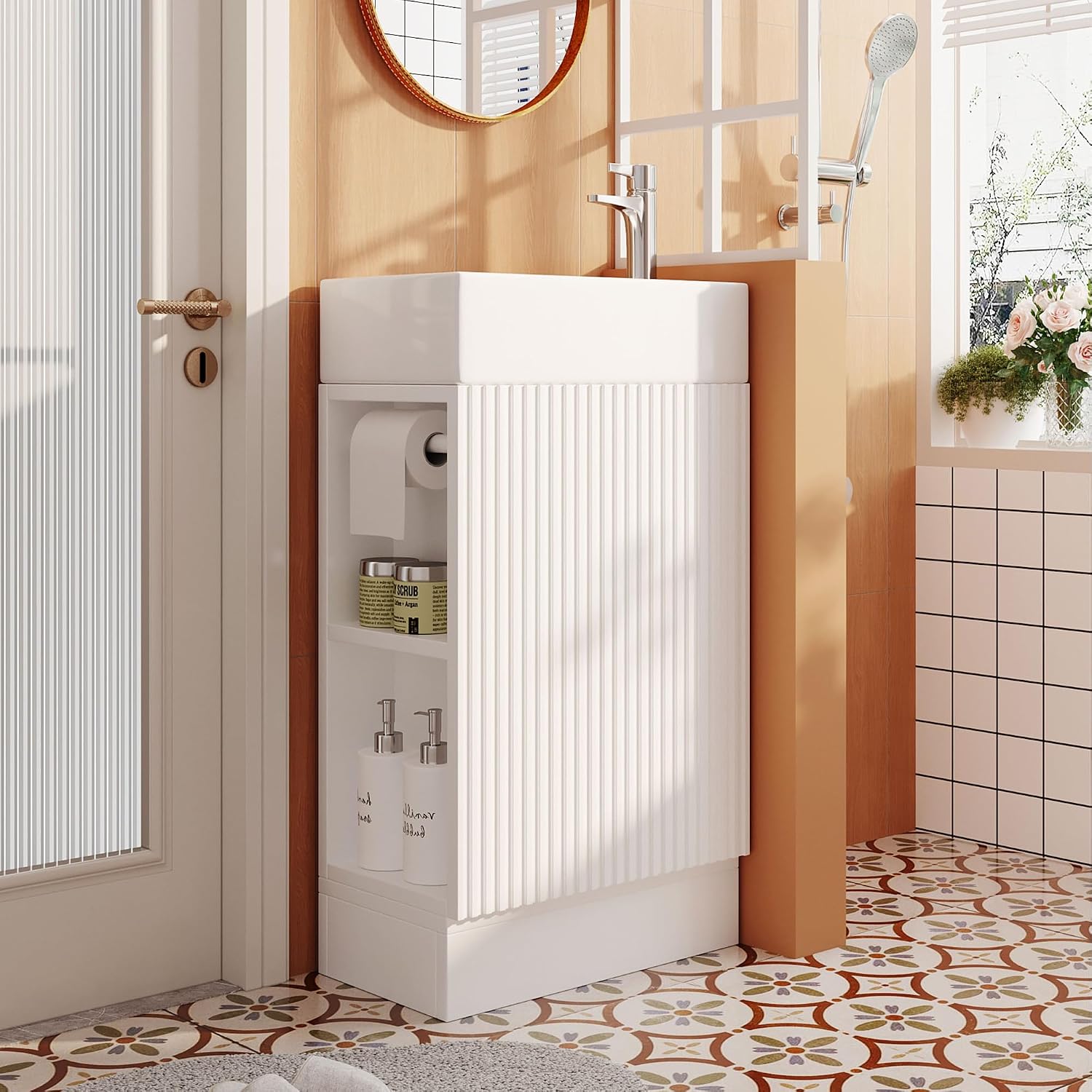 18.6' Bathroom Vanity Cabinet with Ceramic Sink Top Set, Left or Right Available, Freestanding, Two-Tier Storage Shelf, White