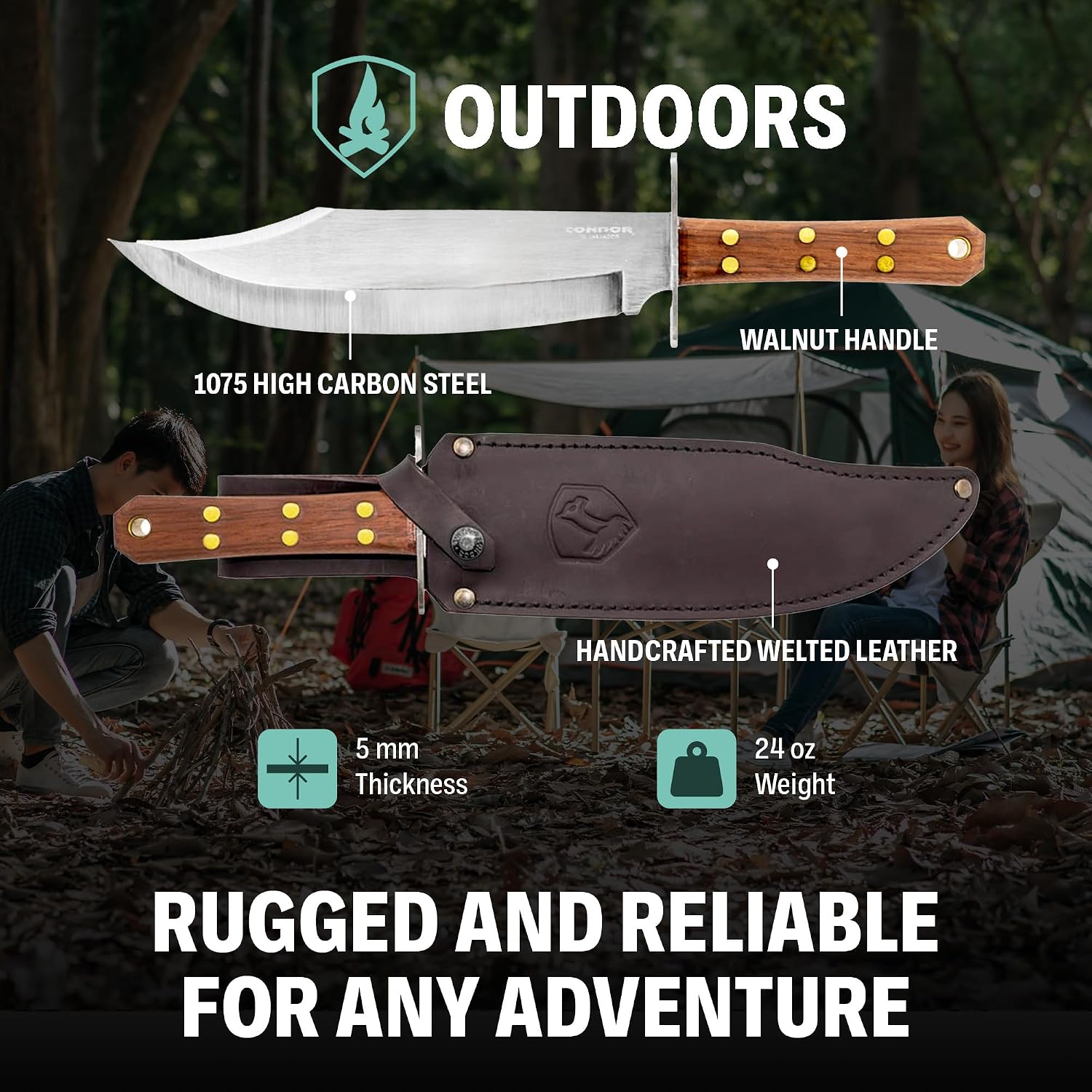 Condor Tool & Knife Undertaker Knife - 1075 High Carbon Steel - Full Tang Hunting Knives with Sheath - Walnut Handle - Hand Crafted Welted Leather Sheath - 10.2in Blade - 24 oz