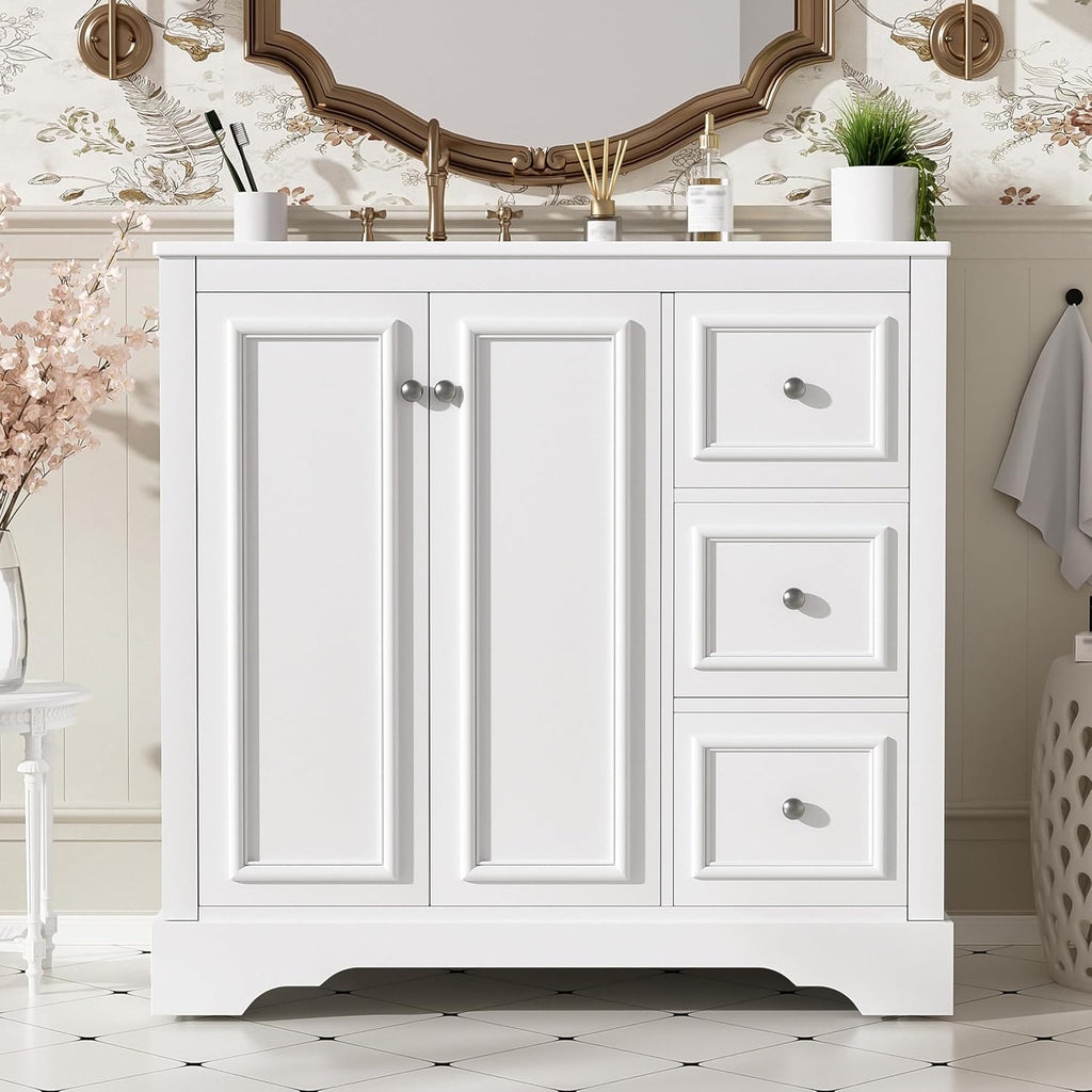 36 Inch Bathroom Vanity with Sink Set Combo Freestanding Cabinet Ceramic Top Freestanding Left Offset Basin 2 Soft Close Doors 3 Drawers White