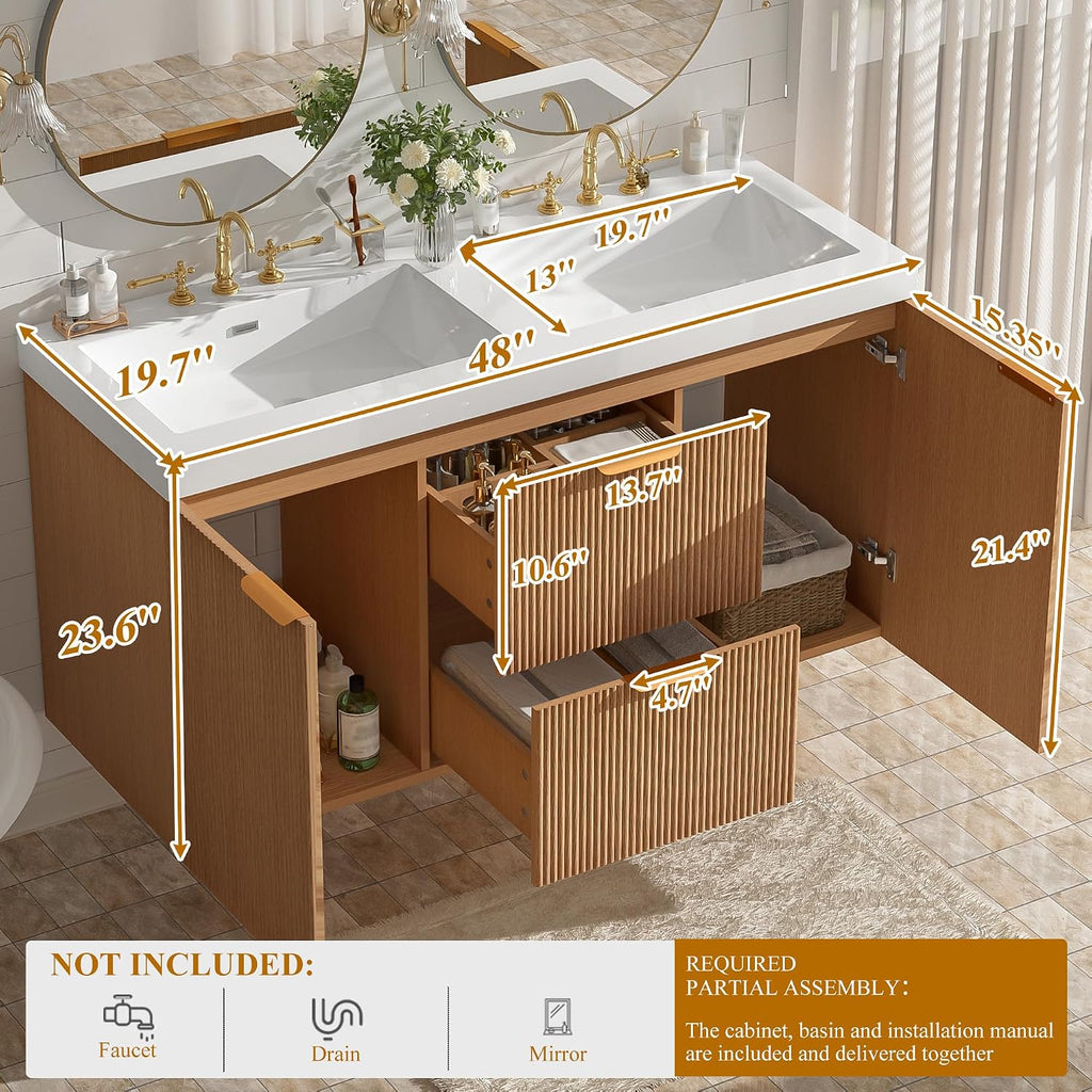 48 inch Bathroom Vanity with Sink Combo, Floating Double Sink Bathroom Vanities with SMC Resin Top, MDF Cabinet, Wall-Mounted Vanities for Large Bathrooms (48''-Wood)