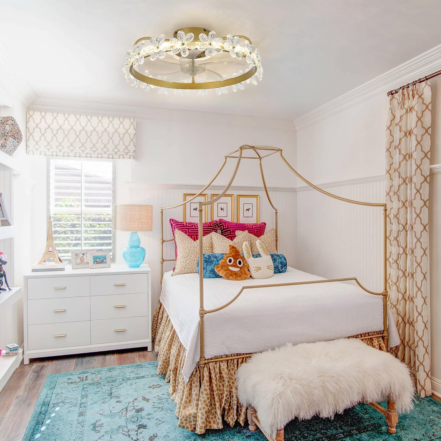 22'' Gold Crystal Ceiling Fan with Lights and Remote Control,Dimmable LED and Reversible Motor,Crystal Flower Fandelier Ceiling Fan with Light for Kids Room/Daughter's Room/Girls Bedroom