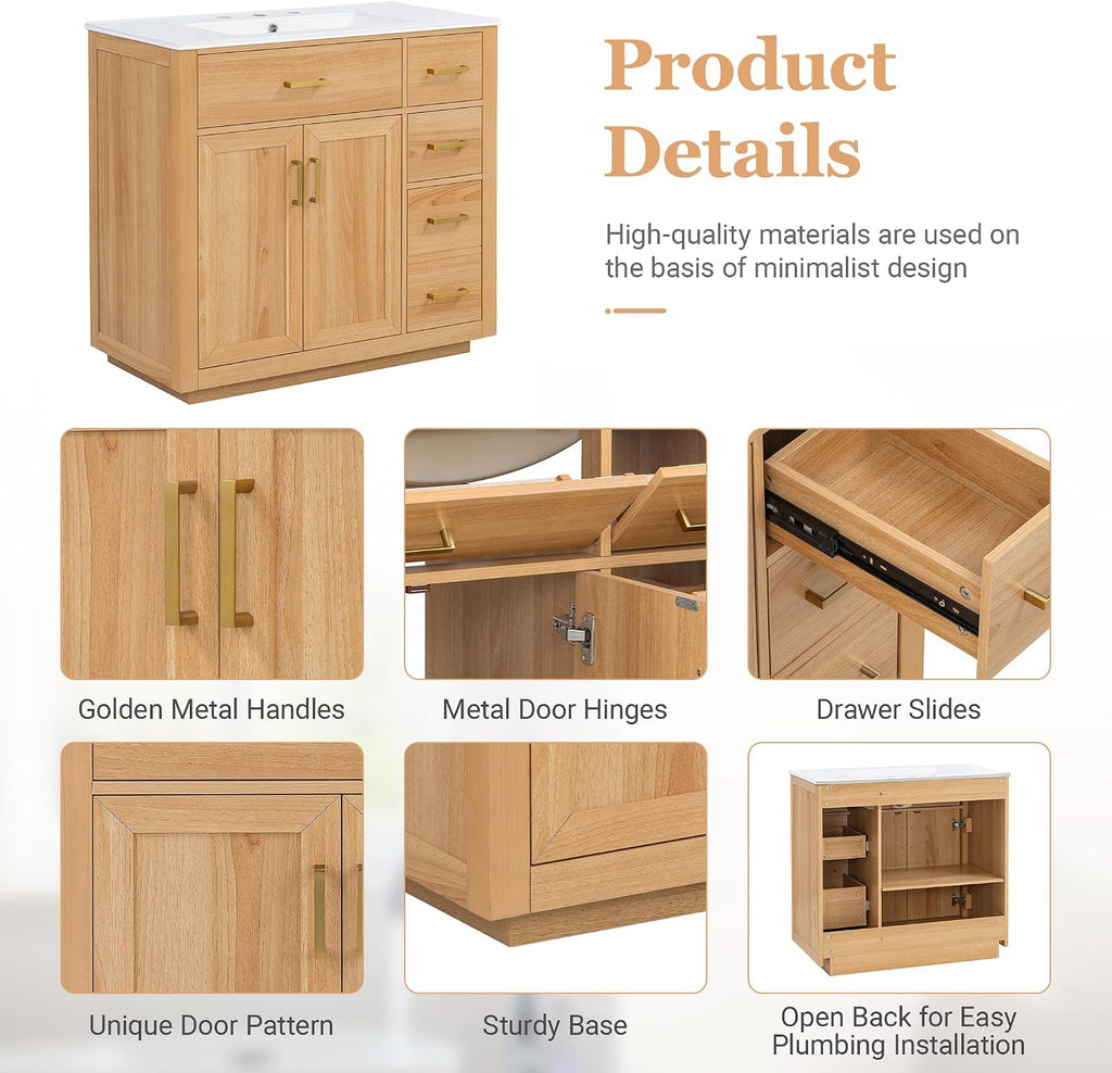 36-inch Bathroom Vanity with Sink Combo, Free-Standing Single Storage Cabinet with 2 Soft-Close Doors & 4 Drawers, Modern Natural Wood Grain Vanity with Ceramic Basin for Bathroom (Wood)