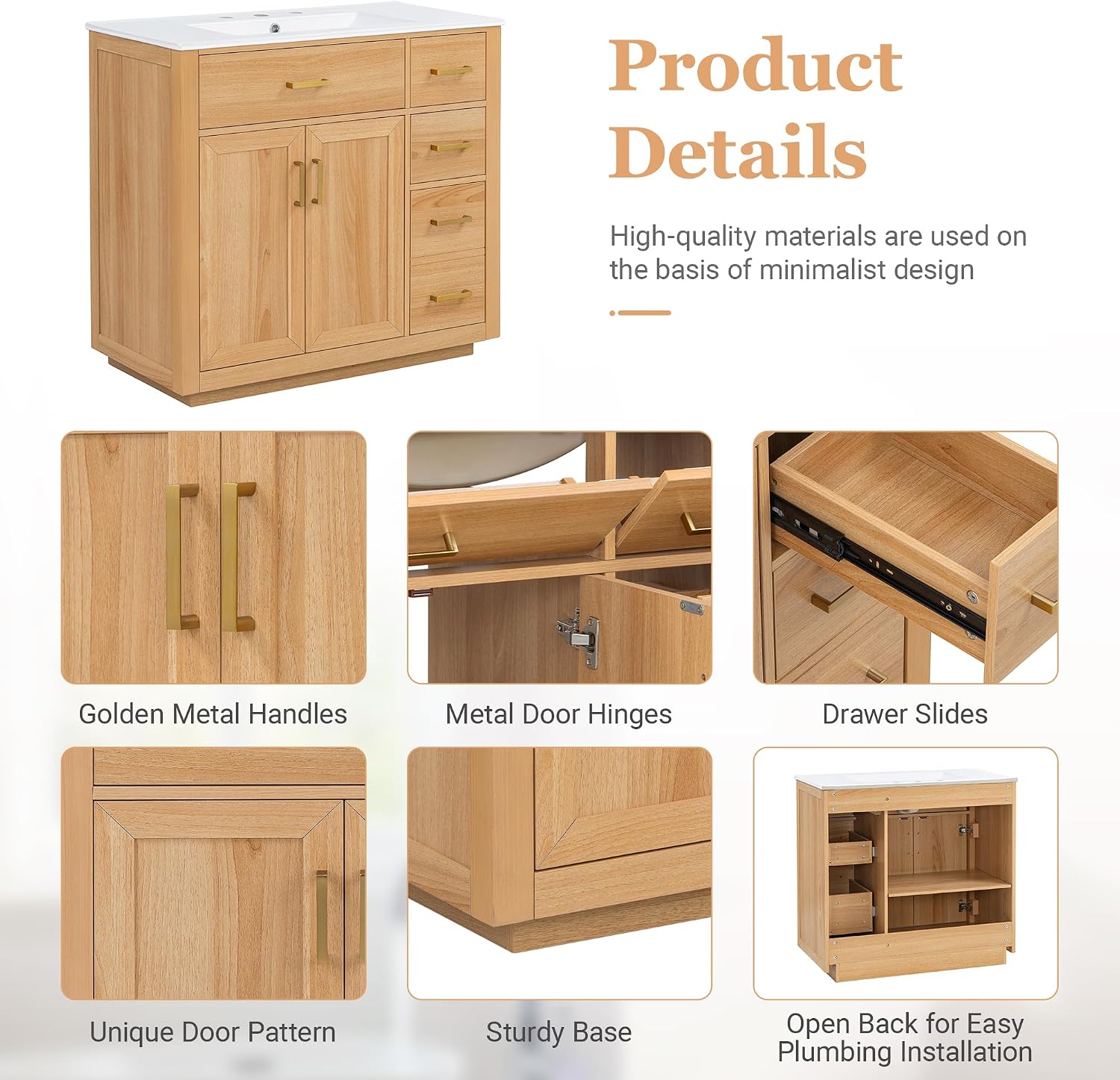 36-inch Bathroom Vanity with Sink Combo, Free-Standing Single Storage Cabinet with 2 Soft-Close Doors & 4 Drawers, Modern Natural Wood Grain Vanity with Ceramic Basin for Bathroom (Wood)