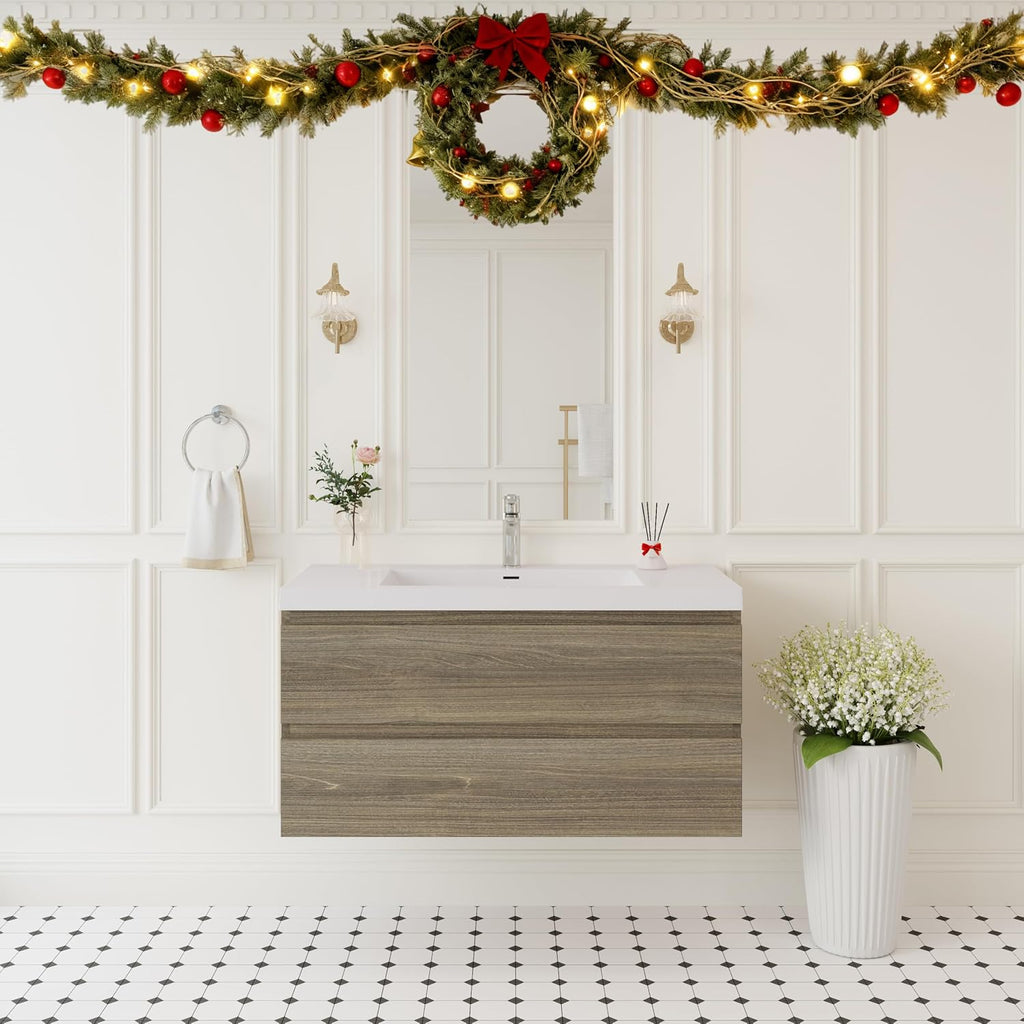 42' Floating Bathroom Vanity with Sink, Wall Mounted Bathroom Storage Vanity Cabinet with Solid Top Basin and Soft Close Drawers, Ash Grey