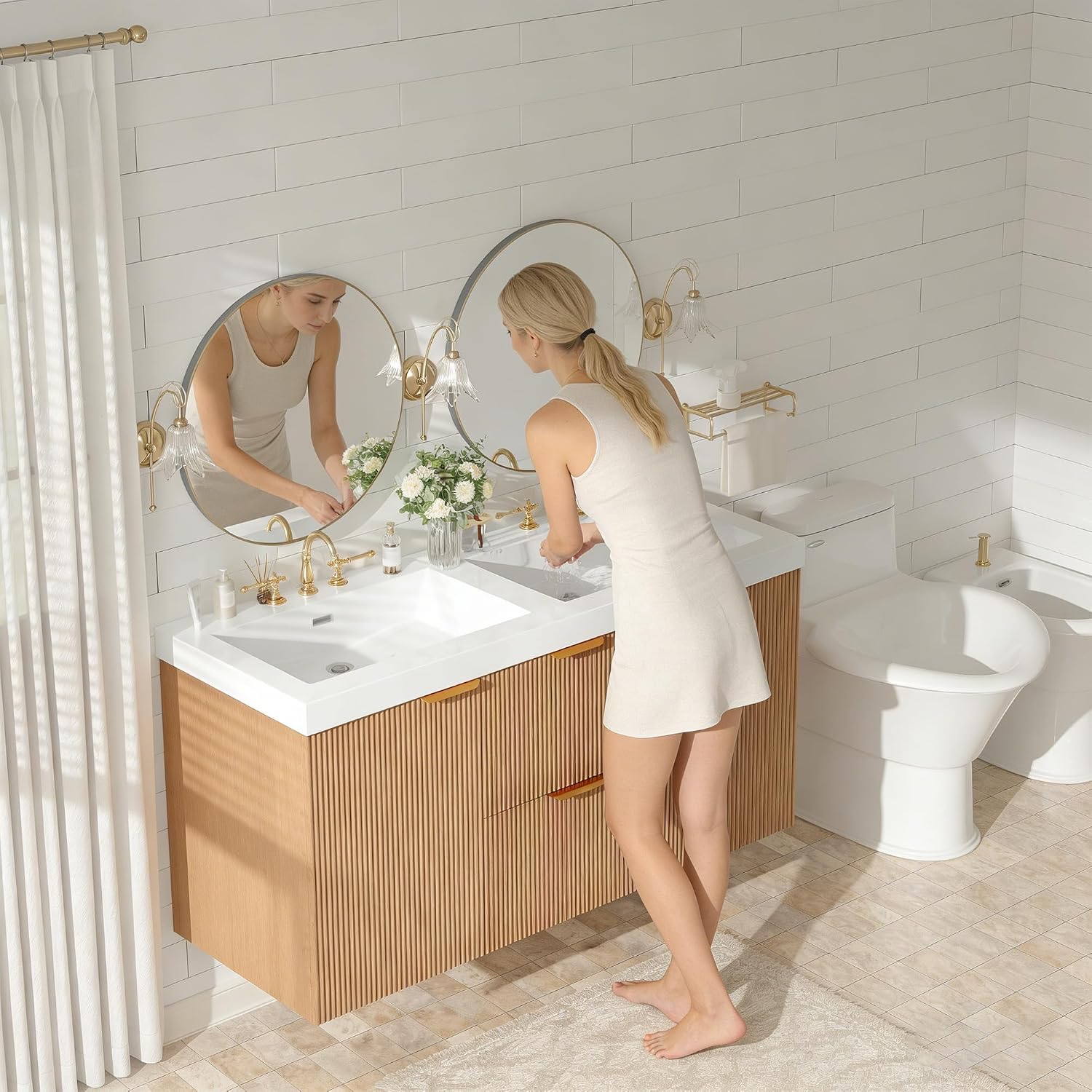 48 inch Bathroom Vanity with Sink Combo, Floating Double Sink Bathroom Vanities with SMC Resin Top, MDF Cabinet, Wall-Mounted Vanities for Large Bathrooms (48''-Wood)