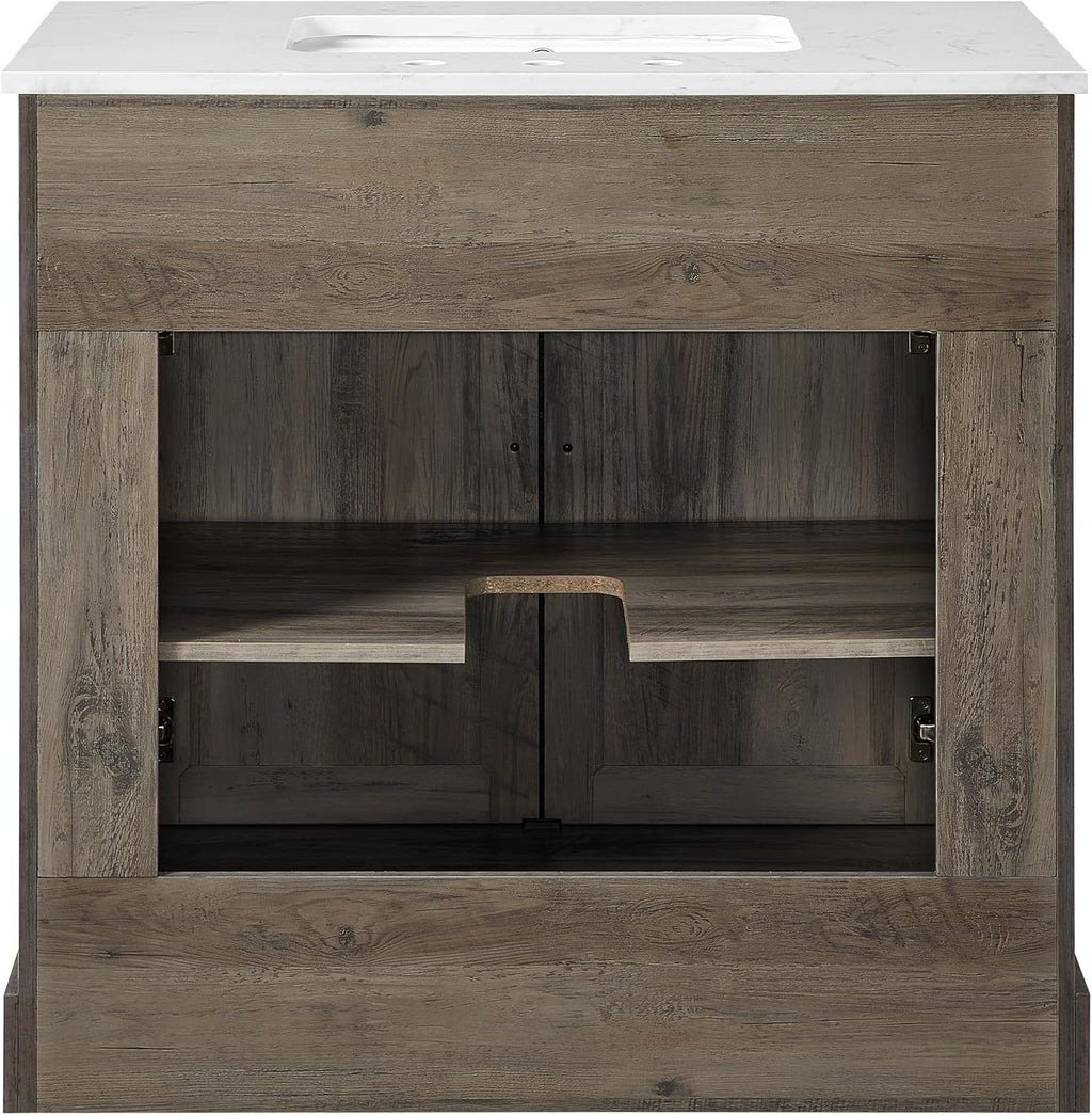 Mia Brown Grey Oak Wood 36-Inch Single Bathroom Vanity with Sink, Double Shaker Door Cabinet, Adjustable Shelf, Matte Black Handles, Pre-Drilled Marbled White Stone Top, Freestanding, Fully Assembled