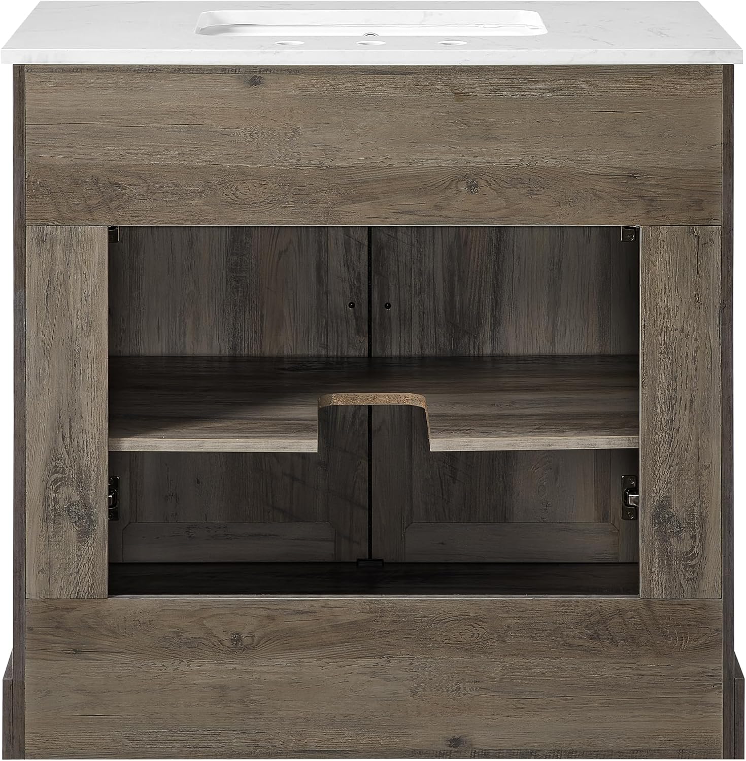 Mia Brown Grey Oak Wood 36-Inch Single Bathroom Vanity with Sink, Double Shaker Door Cabinet, Adjustable Shelf, Matte Black Handles, Pre-Drilled Marbled White Stone Top, Freestanding, Fully Assembled