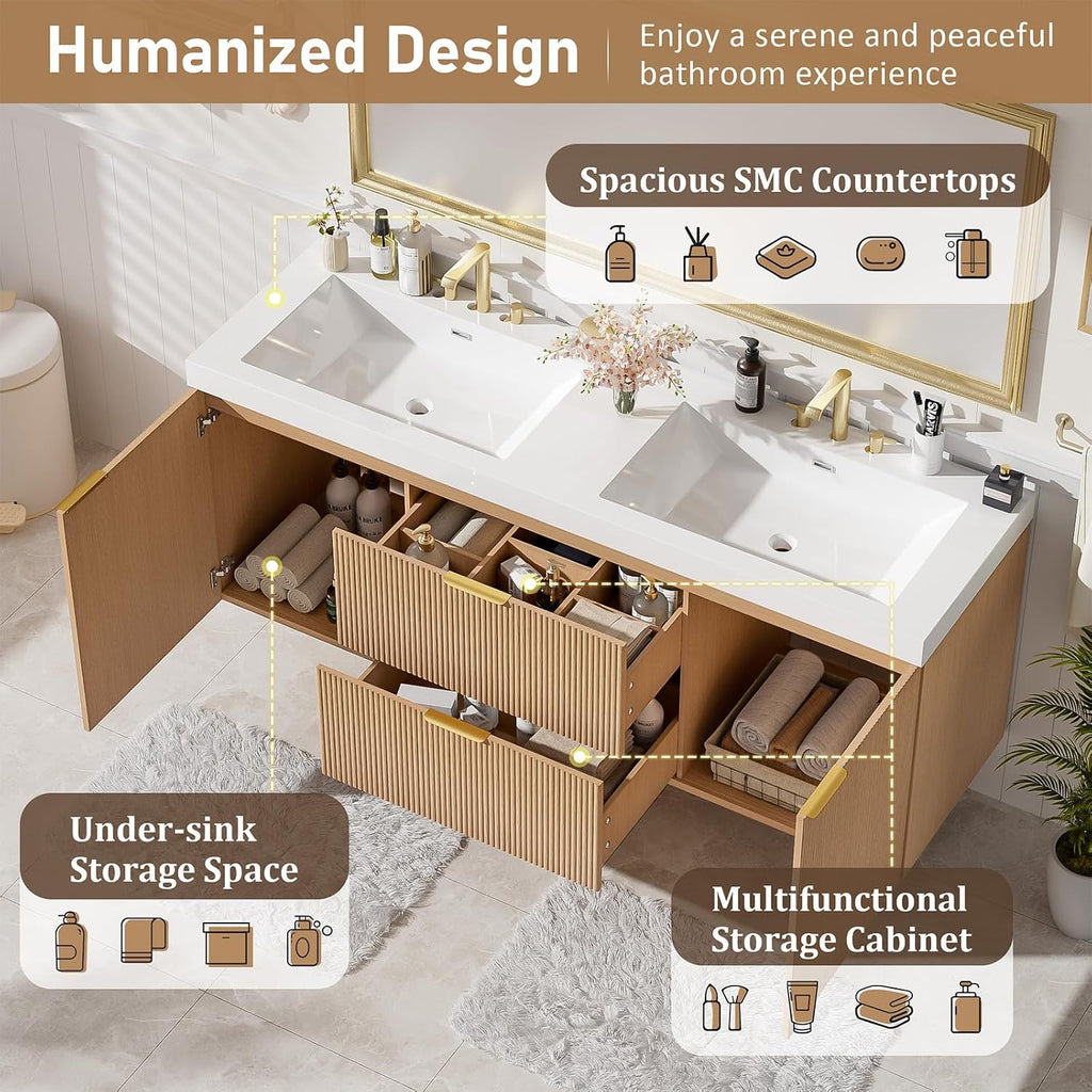 60' Bathroom Vanity with Sink Combo, Floating Double Sink Bathroom Vanity with SMC Resin Top, MDF Cabinet with 2 Soft-Close Doors 2 Drawers, Wall-Mounted Vanities for Large Bathrooms, Wood