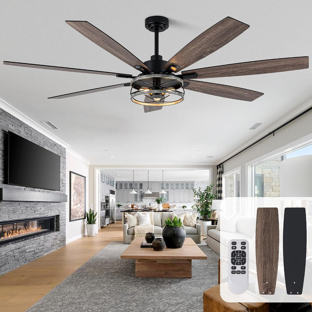 72' Ceiling Fan with Lights and Remote Control, Farmhouse Rustic Caged Ceiling Fan Light Fixture with Double Finish Wood Blades for Bedroom Living Room Kitchen