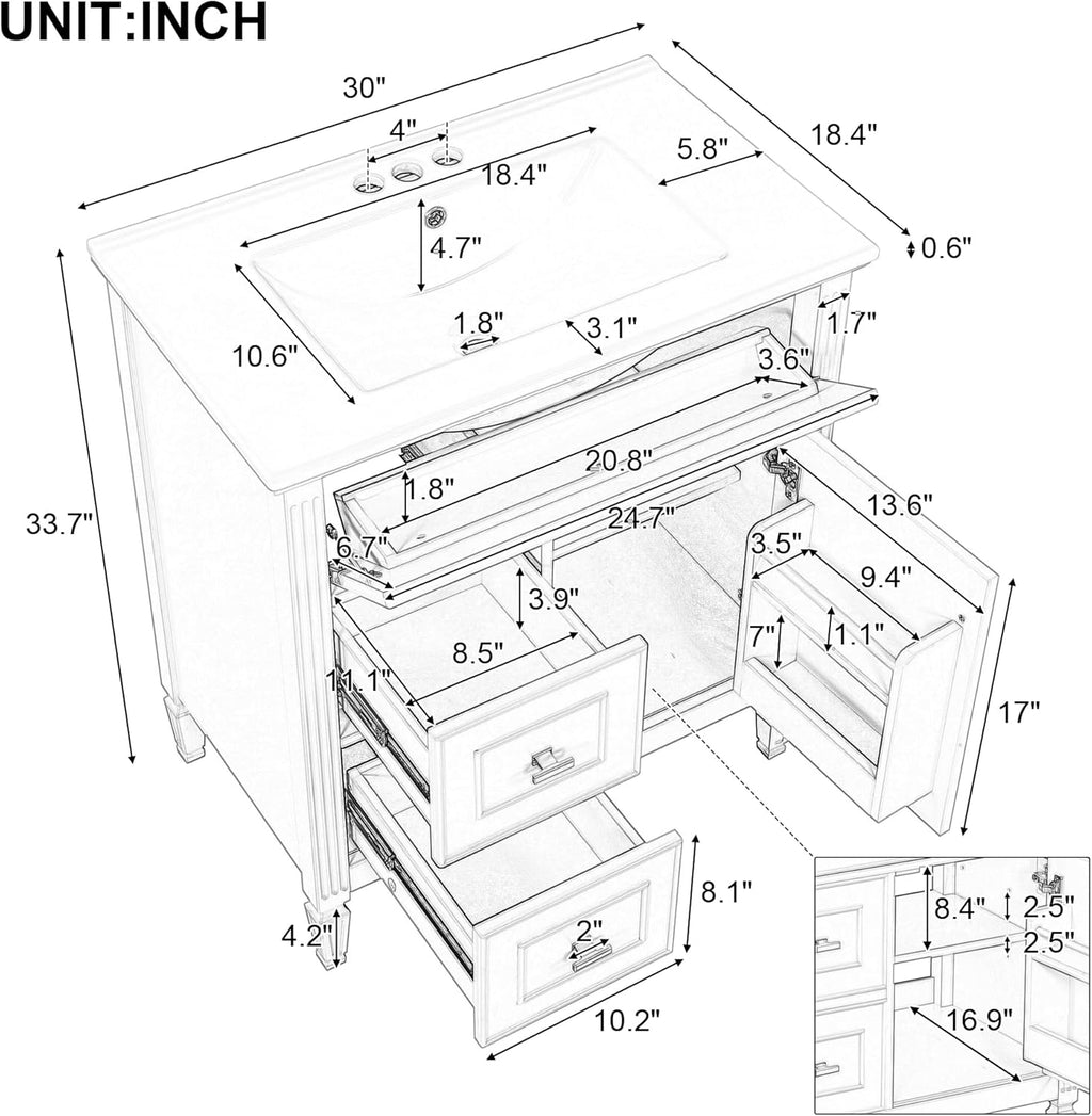 Harper & Bright Designs 30' Bathroom Vanity with Sink, Free Standing Vanity Set with Tip-Out Drawer, 2 Drawers, and Adjustable Shelf, Wood Bathroom Cabinet with Ceramic Basin for Bathroom, White