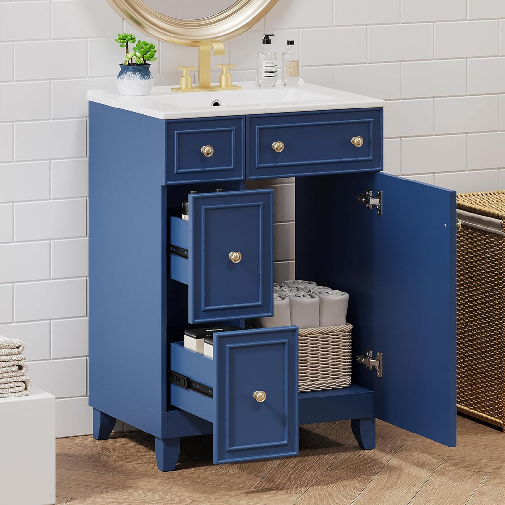 24-inch Bathroom Vanity with Sink Combo Set, Free-Standing Single Storage Cabinet with 2 Drawers and Single Door, Vanity with Ceramic Basin for Bathroom (Blue)