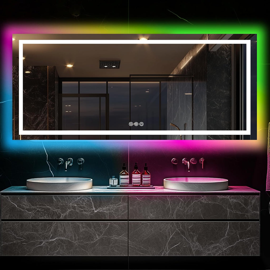 Antok 72x32 LED Bathroom Mirror with Lights, Backlit + Front Lit Vanity Mirror with CRI>90, Dimmable Anti-Fog Smart Mirror with Memory Function, 11 Color Temperatures, Shatterproof Tempered Glass, ETL