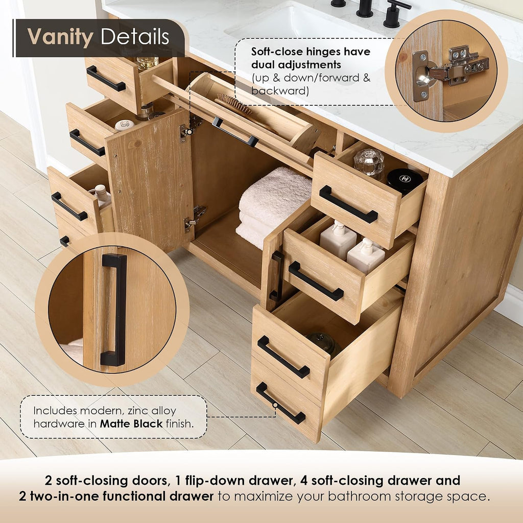 ALTAIR 42 Bathroom Vanity with Top and Sink Mordern Pedestal Single Vanities Light Brown Large Storge Cabinet with Ceramic Countertop Sidesplash and Backsplash Included Pre-Assembled