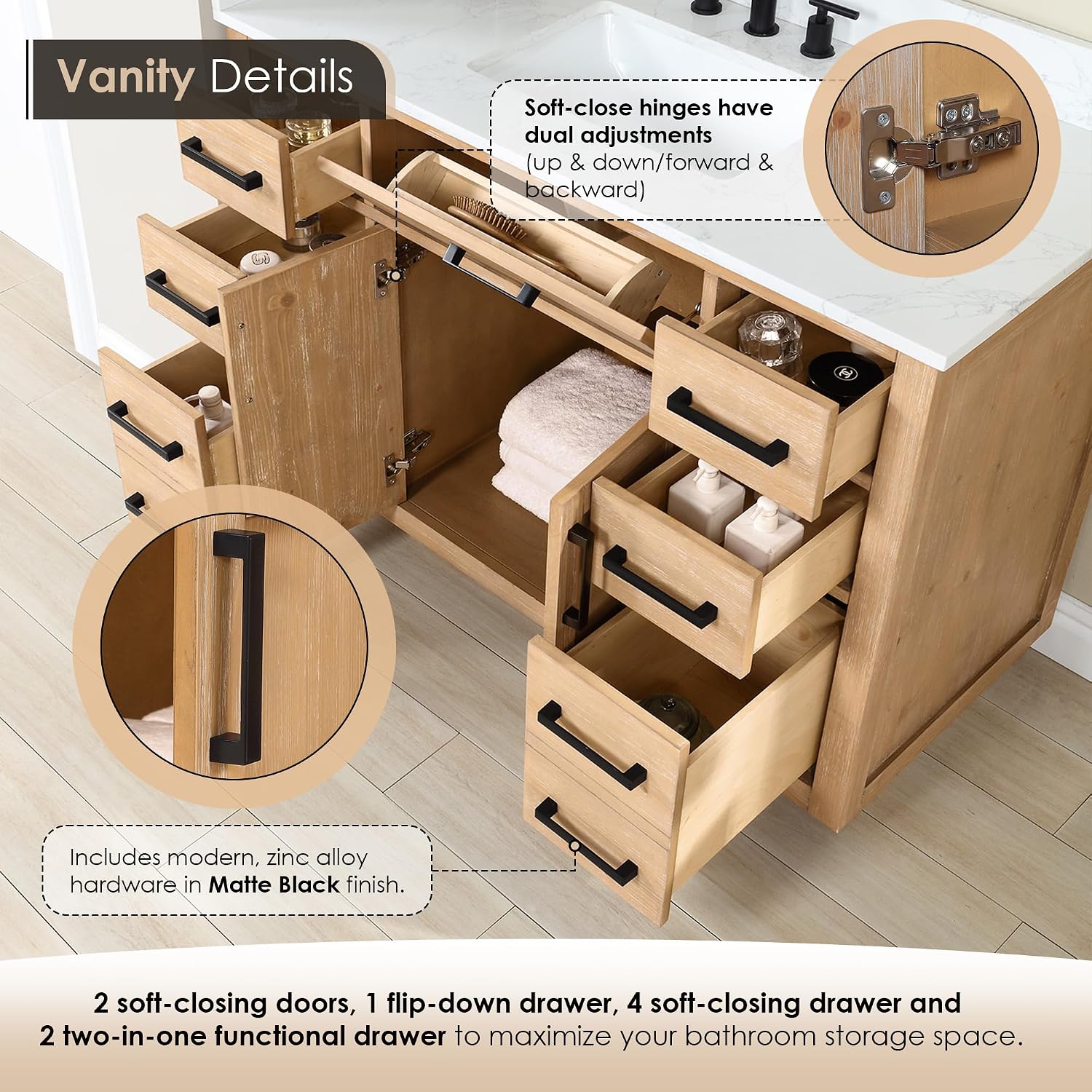 ALTAIR 42 Bathroom Vanity with Top and Sink Mordern Pedestal Single Vanities Light Brown Large Storge Cabinet with Ceramic Countertop Sidesplash and Backsplash Included Pre-Assembled