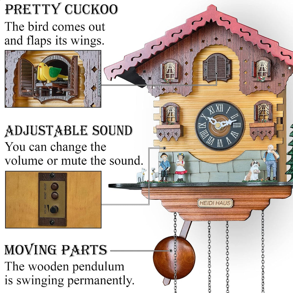 TIMEGEAR Cuckoo Wall Clock with Quartz Movement and Night Mode in Traditional German Style