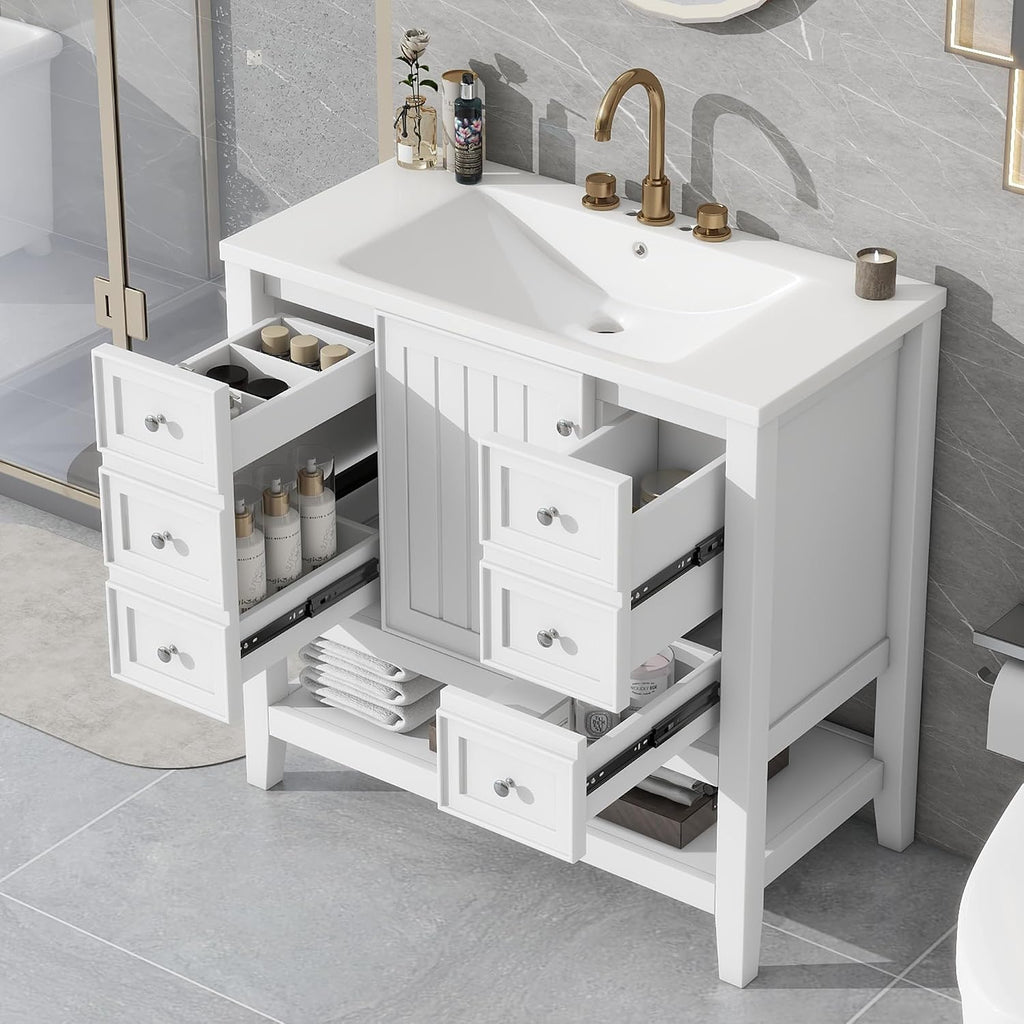 Harper & Bright Designs 36' Bathroom Vanity with Sink, Free Standing Single Basin Vanity Set with One Cabinet and Three Drawers, Wooden Bathroom Cabinet with Ceramic Sink for Bathroom, White