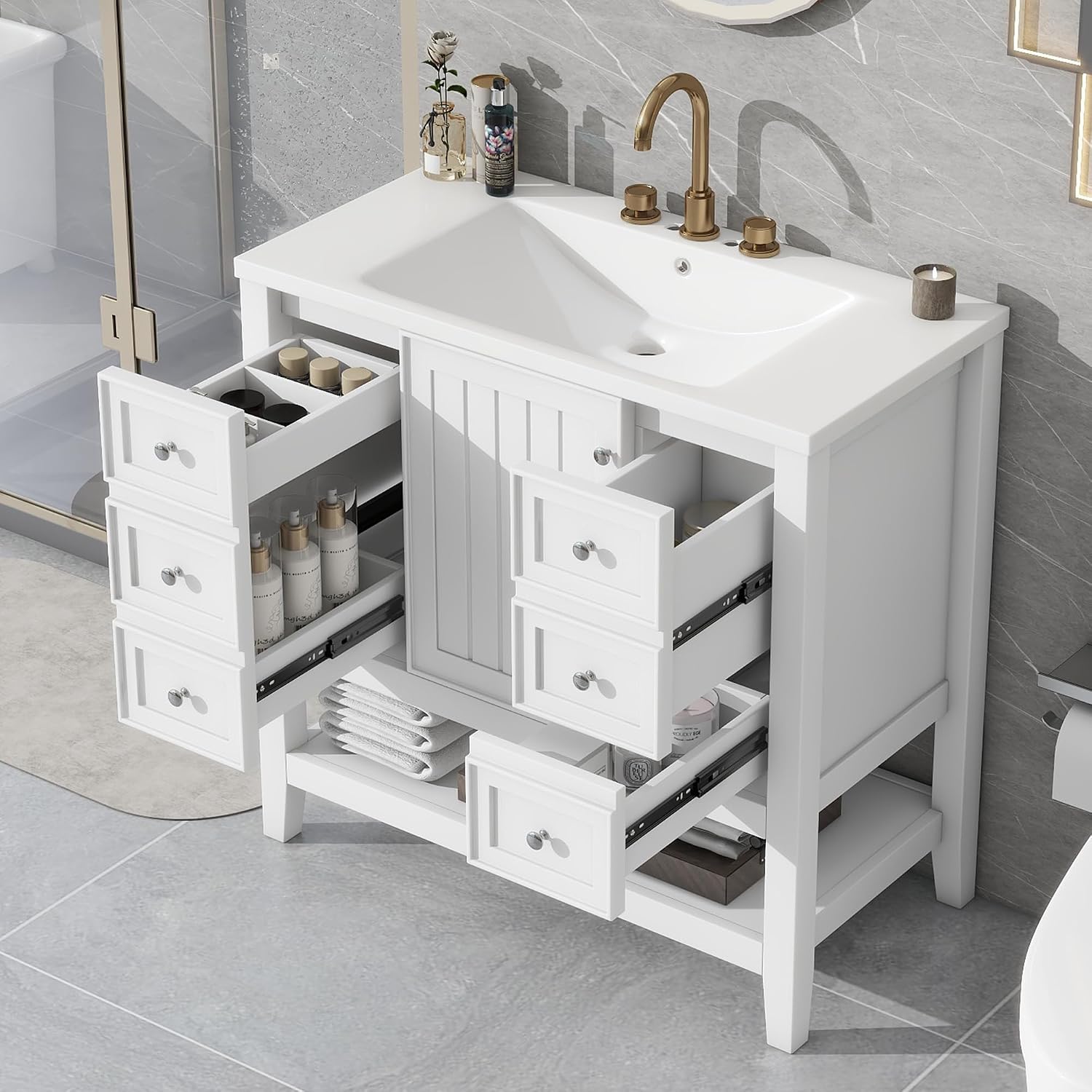 Harper & Bright Designs 36' Bathroom Vanity with Sink, Free Standing Single Basin Vanity Set with One Cabinet and Three Drawers, Wooden Bathroom Cabinet with Ceramic Sink for Bathroom, White