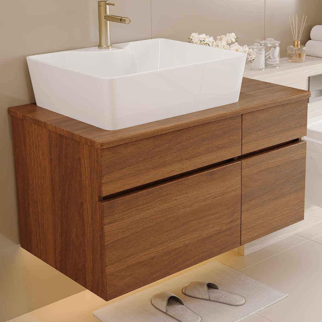 32 inch Bathroom Vanity with Counter Top Ceramic Sink Modern Floating Bathroom Vanities with 1 Drawers and 2 Storage Cabinets, 32' Wall Mounted Bathroom Vanity Wood Cabinet with Sink, Walnutl