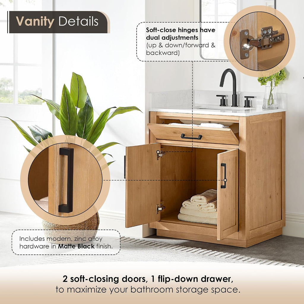 Altair Design Gavino 30' Wood Vanity in Light Brown White Engineered Stone Top no Mirror
