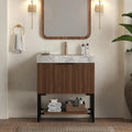 30'' Modern Bathroom Vanity with Sink, Freestanding Plywood Cabinet with Light Gray Sintered Stone Top & Undermount Ceramic Basin, Bathroom Vanities Cabinet W/Drawer and Open Shelf-Lund, Dark Walnut/S