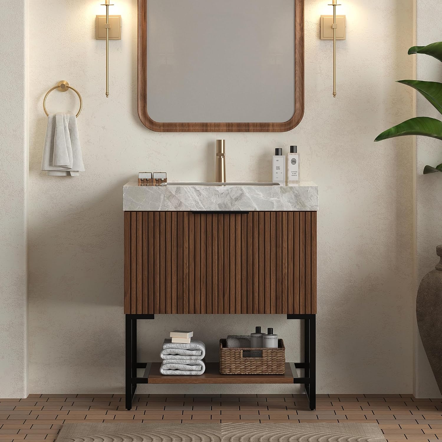 30'' Modern Bathroom Vanity with Sink, Freestanding Plywood Cabinet with Light Gray Sintered Stone Top & Undermount Ceramic Basin, Bathroom Vanities Cabinet W/Drawer and Open Shelf-Lund, Dark Walnut/S