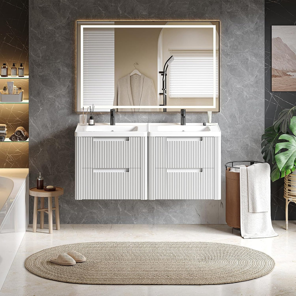 ONBRILL Modern Bathroom Vanity with Sink Combo, Curved Floating Bath Vanity with 2 Drawers, Wall Mount Bathroom Vanities with Integrated Ceramic Sink for Small Space, Apartment (White, 24')