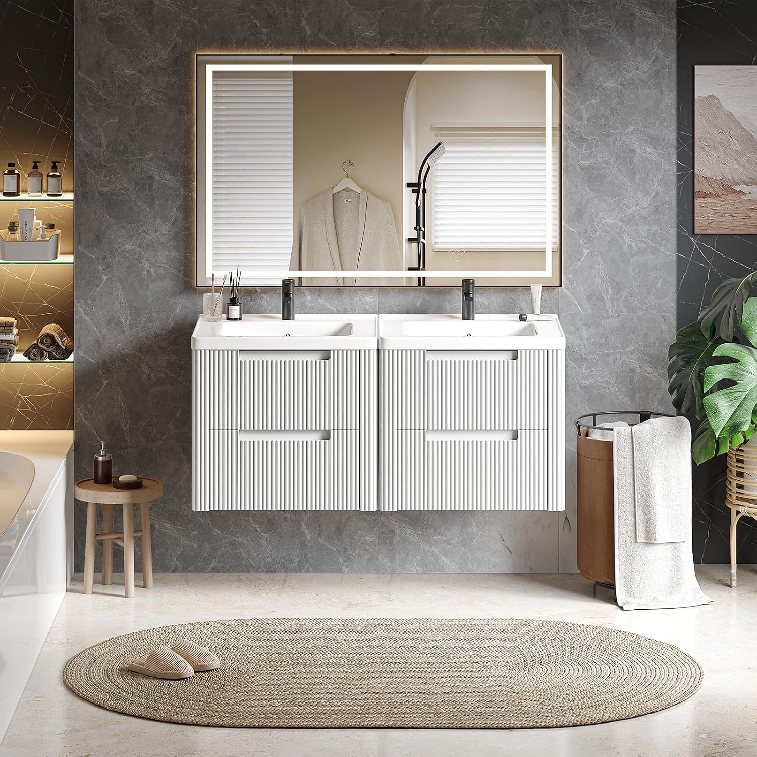 ONBRILL Modern Bathroom Vanity with Sink Combo, Curved Floating Bath Vanity with 2 Drawers, Wall Mount Bathroom Vanities with Integrated Ceramic Sink for Small Space, Apartment (White, 24')