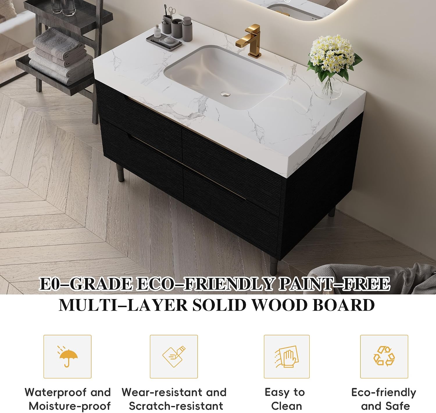 36' Bathroom Vanity with Undermount Sink Set, Modern Black 2-in-1 Wall Mounted & Freestanding Bathroom Vanity Cabinet with Sintered Stone top&4 Storage Drawers, Bathroom Single Sink Cabinet